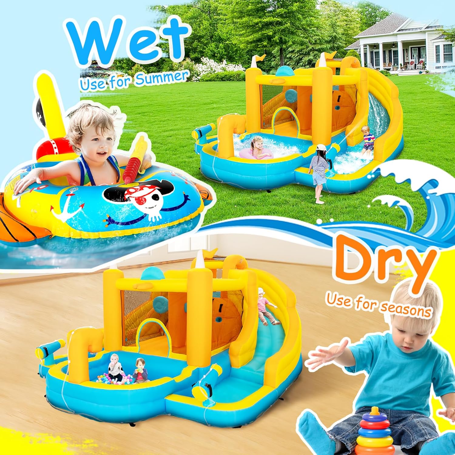 Ultra Inflatable Water Slide,15x13FT Mega Water Bounce House Park with Dual Slides,750W Blower,Climbing Wall,Splash Pool,Basket-Rim,Water Cannon,Great Party Gift for Kids Backyard