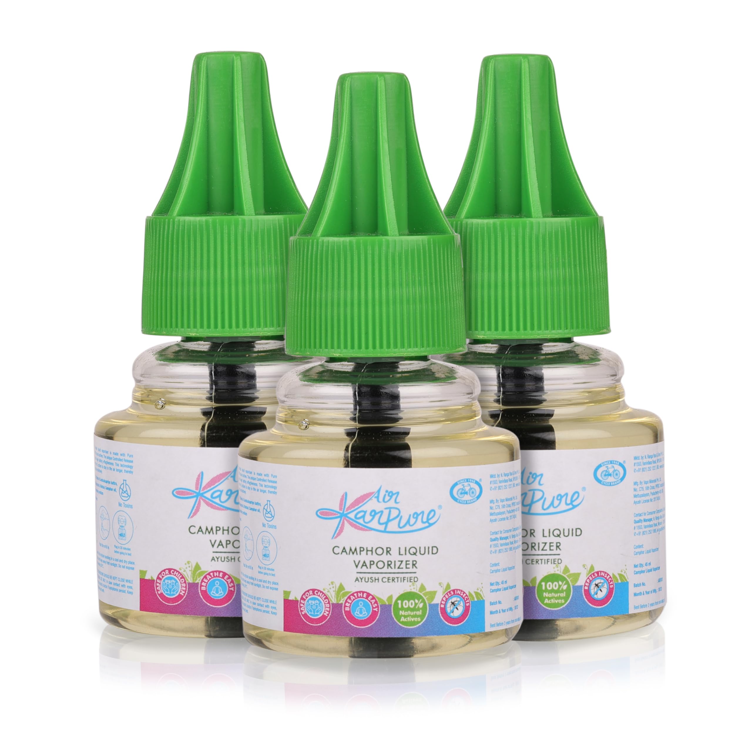 Cycle Pure Karpure Camphor Repellent Refill - Pack of 3, 45 ML each | Original Kapoor Fragrance | Mosquito Liquid Vaporiser | Ayush Certified | Baby & Skin Safe, Pet Friendly