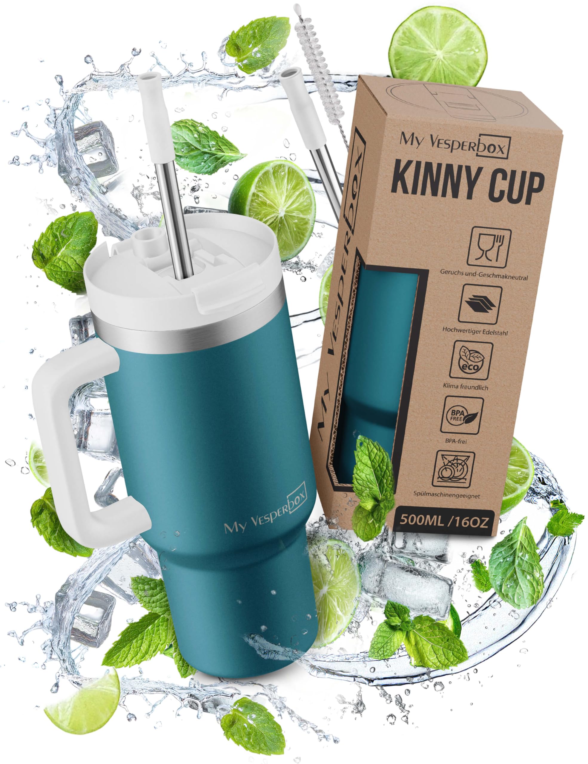 My Vesperbox Kinny Cup – Edelstahl Thermobecher mit Henkel & Strohhalm (500/950 / 1200 ml) – Isolierbecher To Go für Kaffee, Eis & Alltag – BPA-frei, Auslaufsicher, Spülmaschinenfest