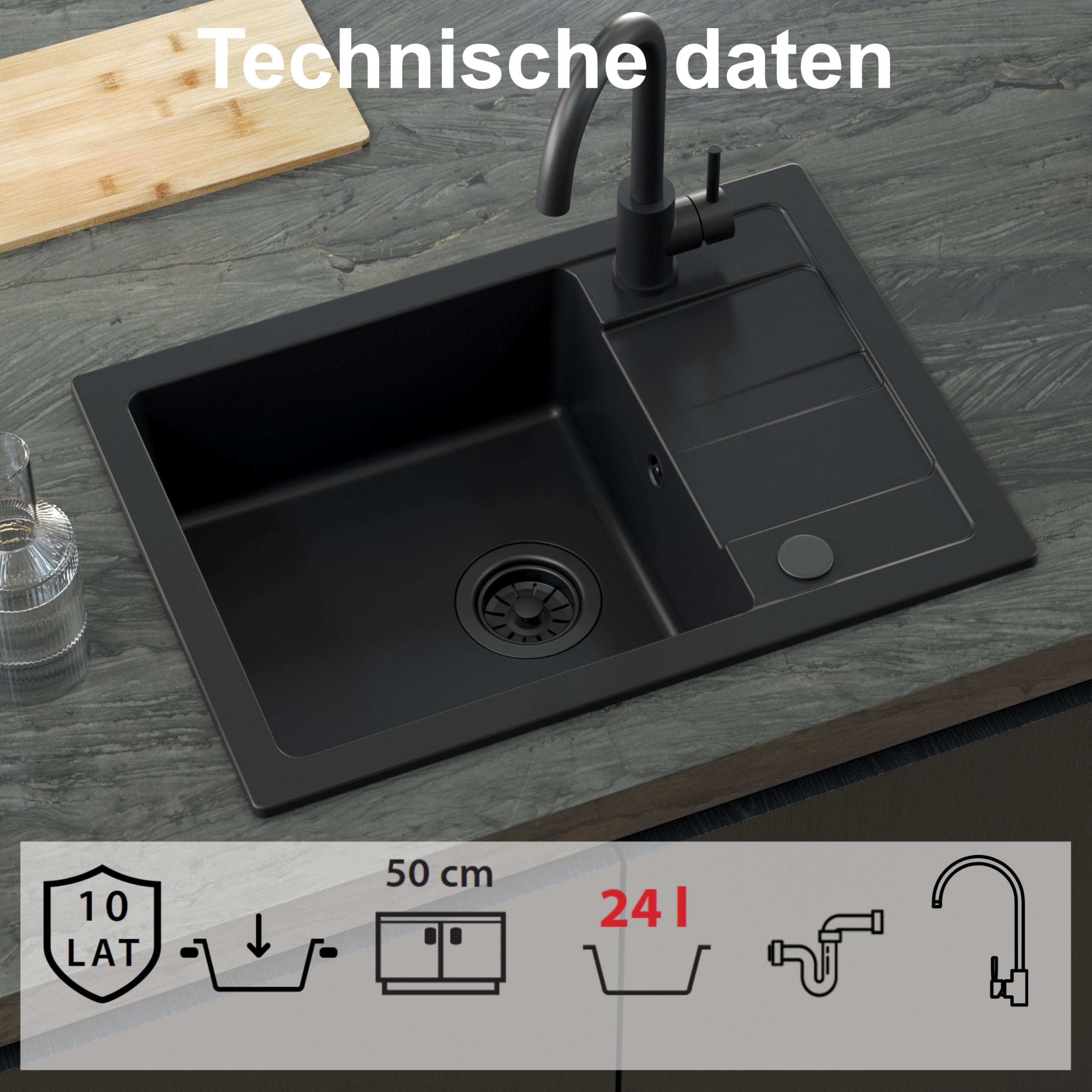 QUADRON Spülbecken Spüle Küche Granit | Größe 62 x 44 x 17,5 cm Schwarz | GO SMART Granitspüle Einzelbecken-Spüle | Einbauspüle mit Küchenarmatur | Einbeckenspüle Küchenspüle