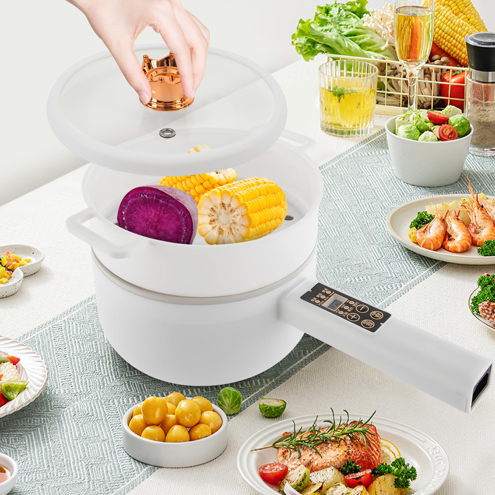 Sartenes eléctricas, 220 V, olla caliente eléctrica con vaporizador y tapa, sartén portátil de 1,6 l, antiadherente, multi-cocina para dormitorio, camping, casa