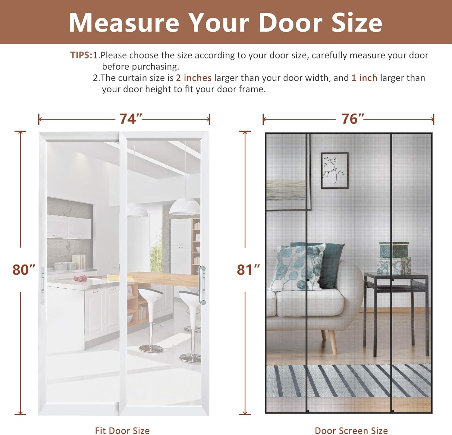 Yotache Magnetic Screen Door Fits Door Size 74 x 80, Double Door Screen Mesh for Sliding Door Fit Doors Size Up to 74"W x 80"H Max - - 