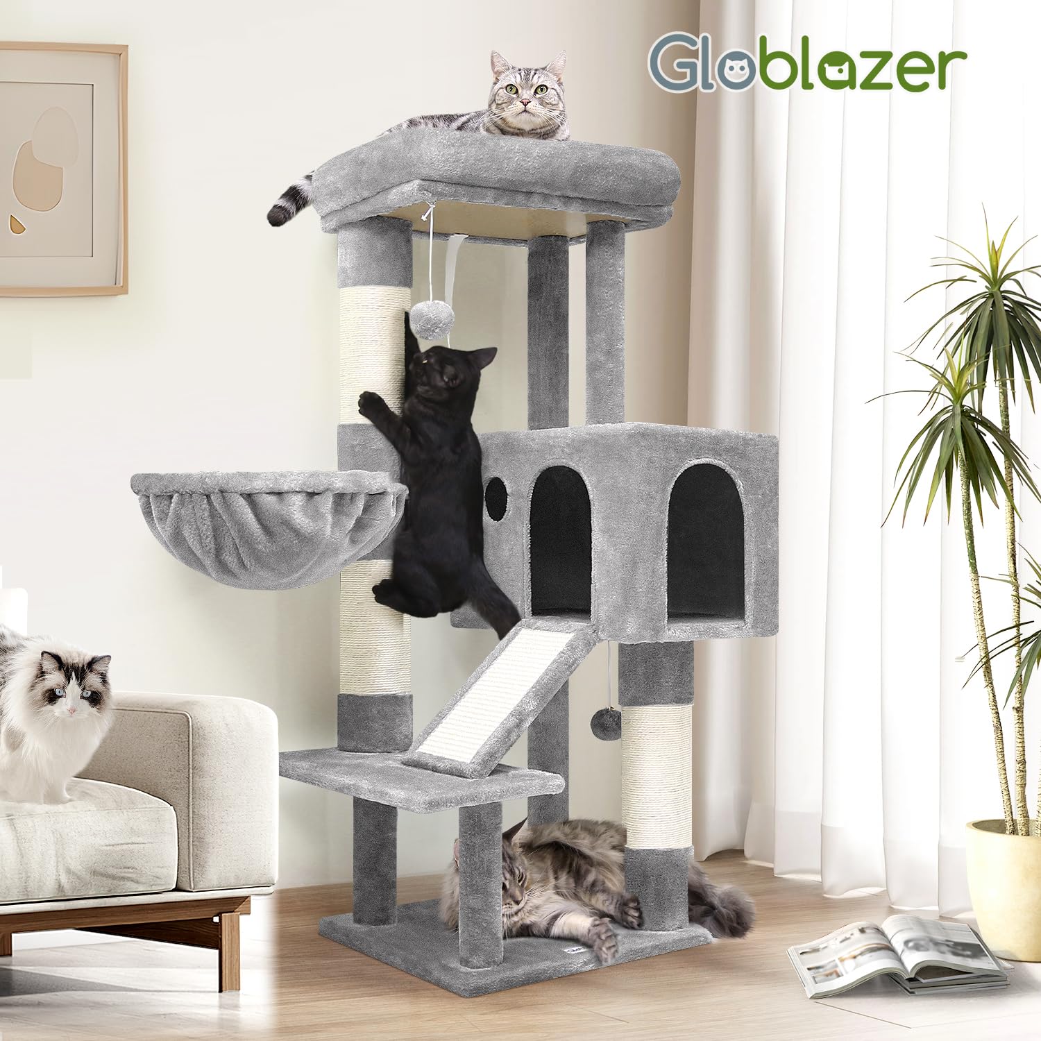 Globlazer Kratzbaum Große Stabil mit 8 cm Dicker Stamm Sisal Katzenhaus Gepolsterte Sitzstangen Korb Kratzrampe Plüsch Spielzeug, Katzenbaum hoch 116 cm für Kitten Groß Katzen (S45, Hellgrau)