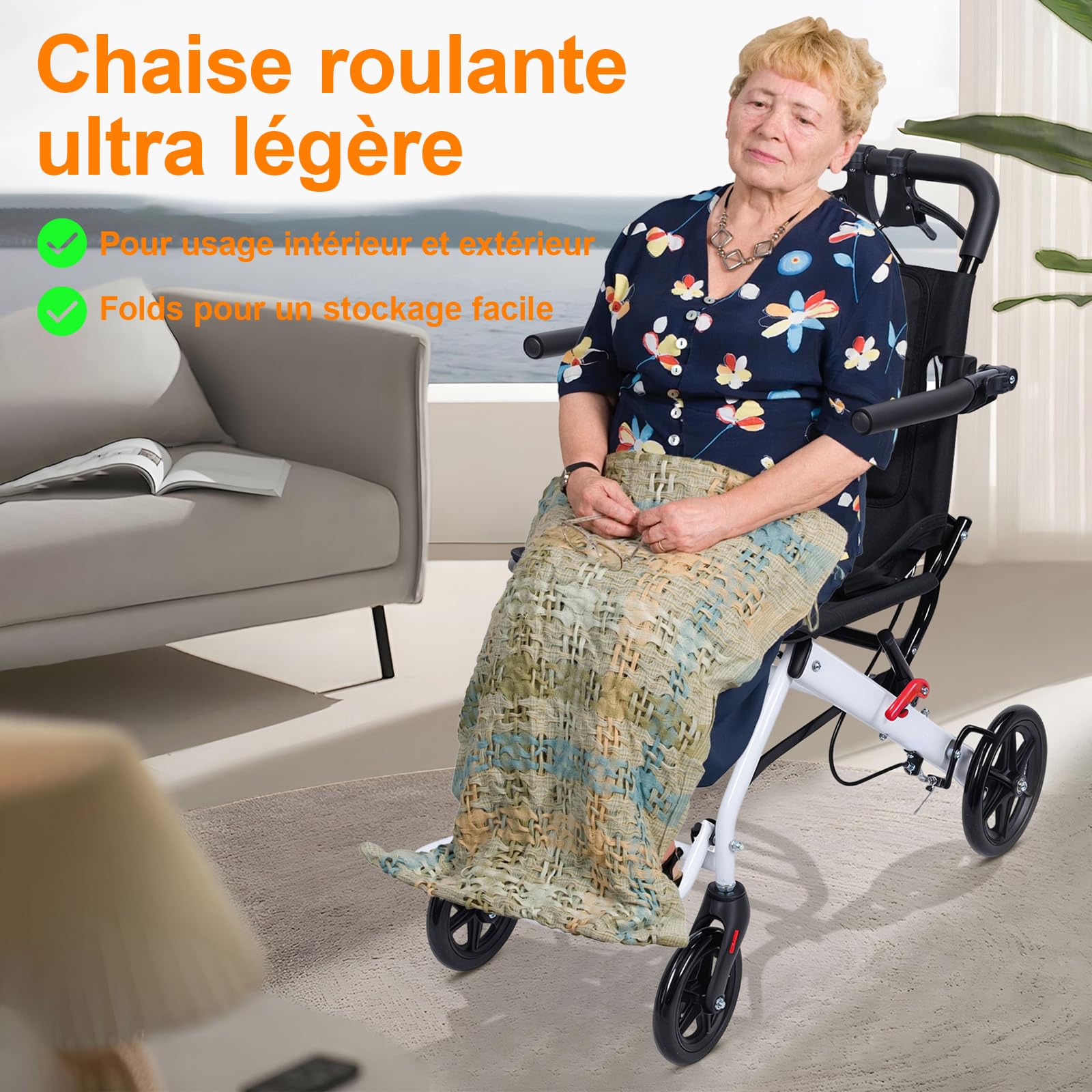 Fauteuil roulant pliable léger en alliage d’acier carbone, chaise roulante avec guidon pivotant 360°, roues PU, compact pour voyage, pour personnes âgées et handicapées