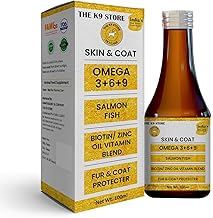 The K9 Store Skin and Coat Formula with Omega 3 6 9 for Dogs, Salmon Fish Oil, Biotin, Zinc Oil Vitamin Blend for Dogs and Cats. Fish Oil | Dog Hair Fall Control Medicine (100 ML)