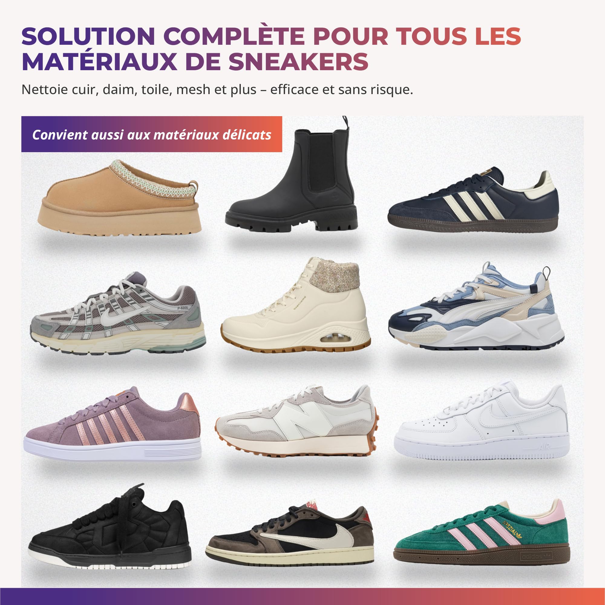 Kit Premium Nettoyage Sneakers 3 pièces | Avec brosse en bois et chiffon microfibre. Pour baskets, daim, nubuck et mesh. Nettoyage efficace et soin tout en douceur.