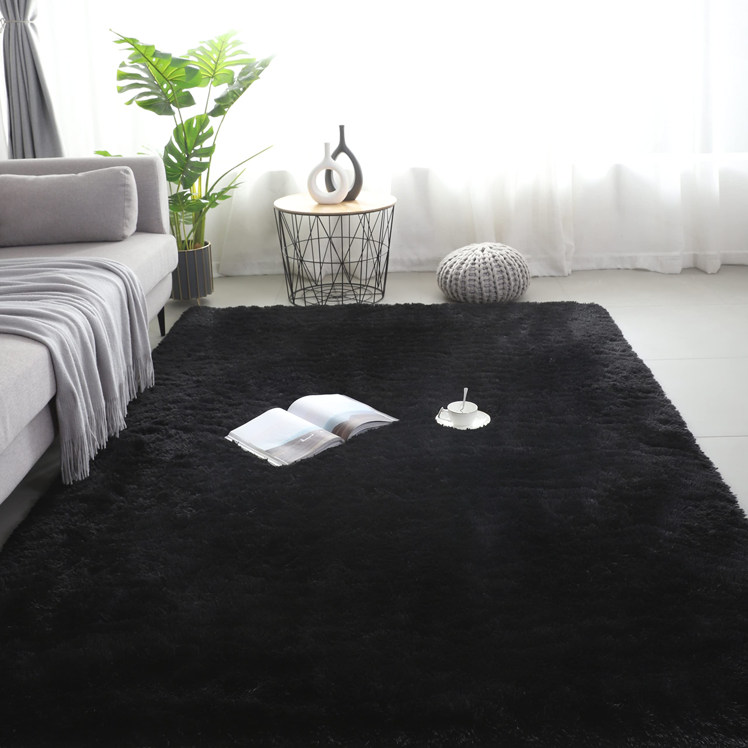Vafodo Fluffy Bedroom Rug Carpet,8x10 Feet Shaggy Fuzzy Rugs for Bedroom,Soft Rug for Kids Room,Plush Nursery Rug for Baby,Solid Black Area Rugs for Living Room,Cute Room Decor for Girls Boys