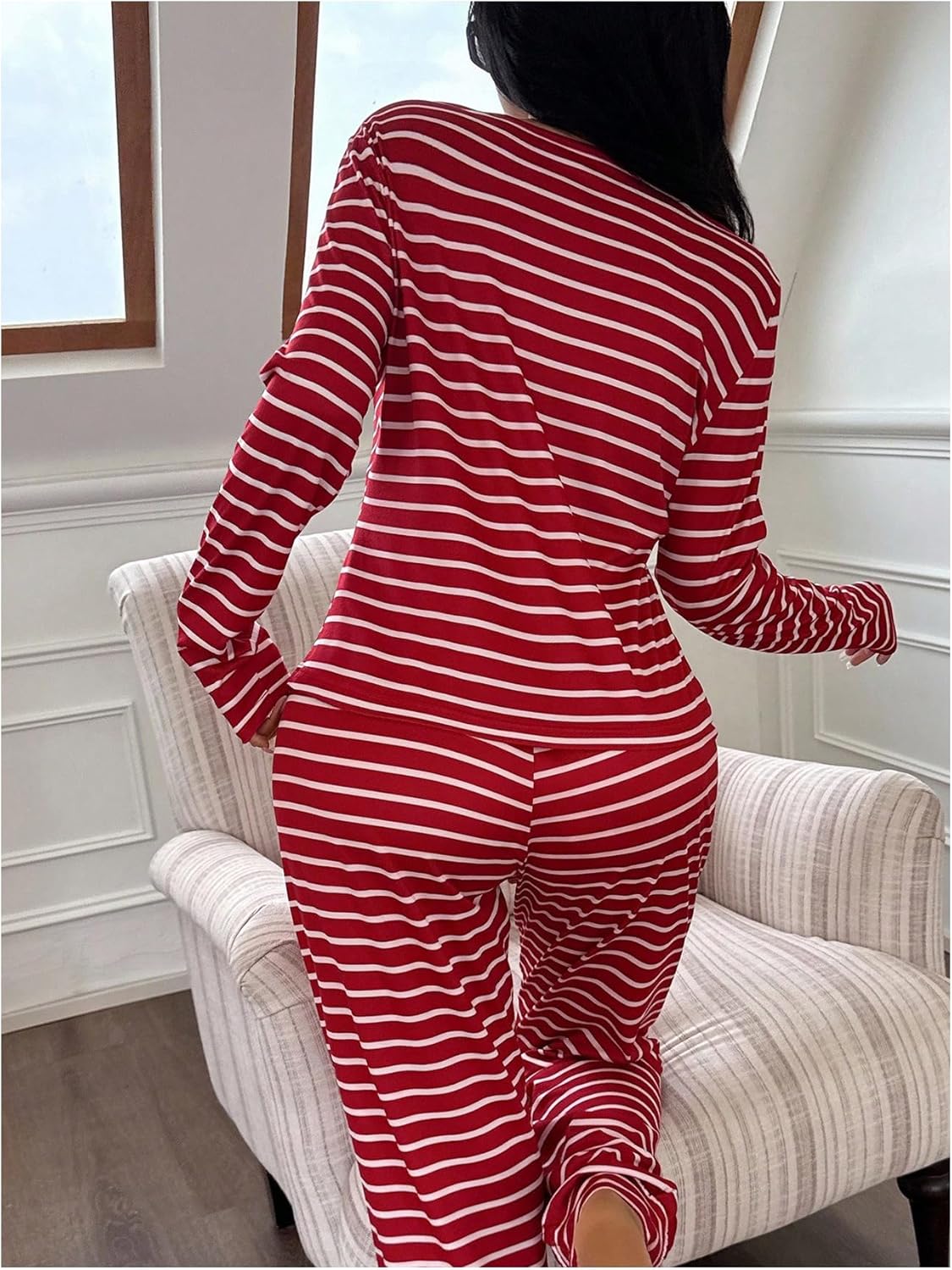 Verdusa Women's 2 Piece Striped Pajama Set Button Up Long Sleeve Fitted Tops and Pants Comfy Pjs - Image 2