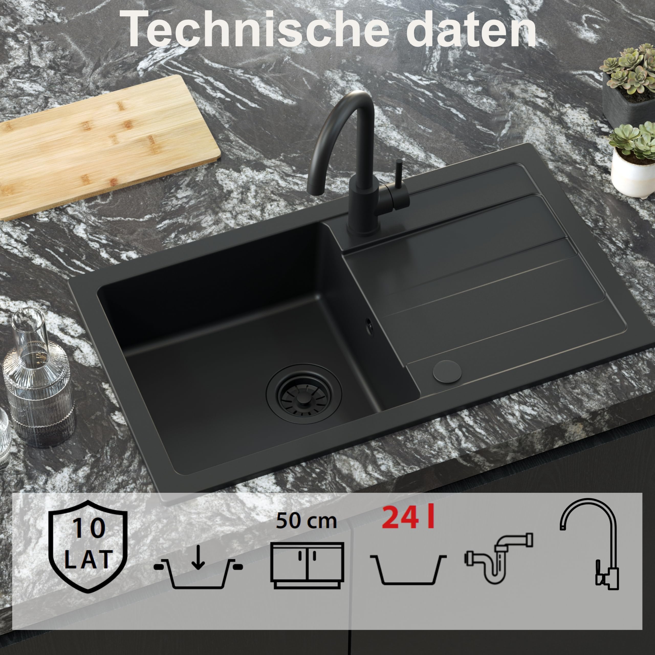 QUADRON Spülbecken Spüle Küche Granit | Größe 77 x 44 x 17,6 cm Schwarz | GO MAX Granitspüle Einzelbecken-Spüle | Einbauspüle mit Küchenarmatur | Einbeckenspüle Küchenspüle
