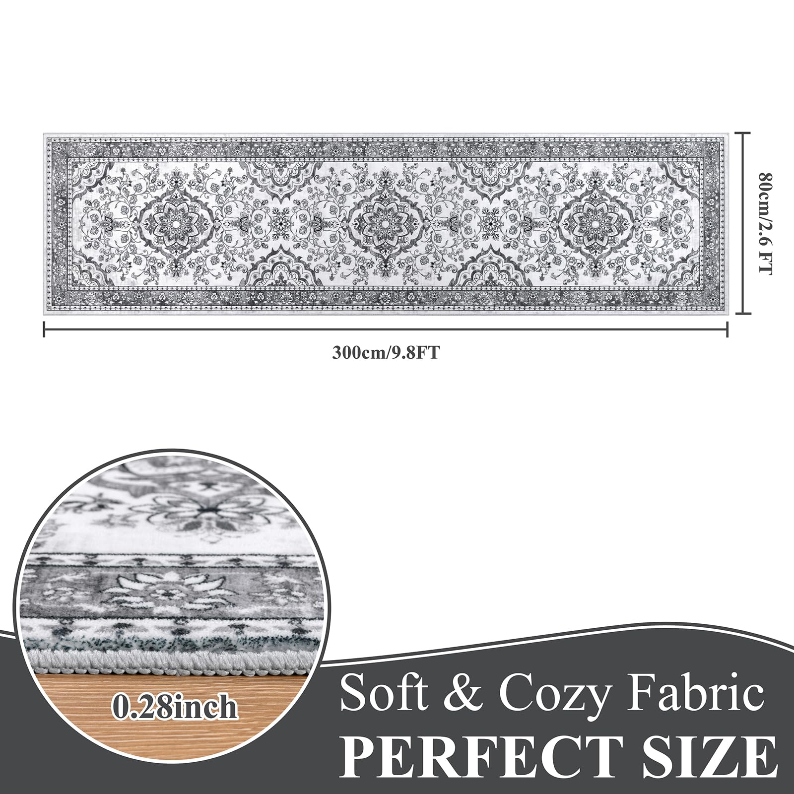 Enyhom Teppich Läufer Flur 80 x 300cm Hochwertig rutschfest Läufer Küche Traditioneller Langer Teppichläufer Waschbar Retro Weich Schlafzimmer Läufer für Büro Korridor, Grau