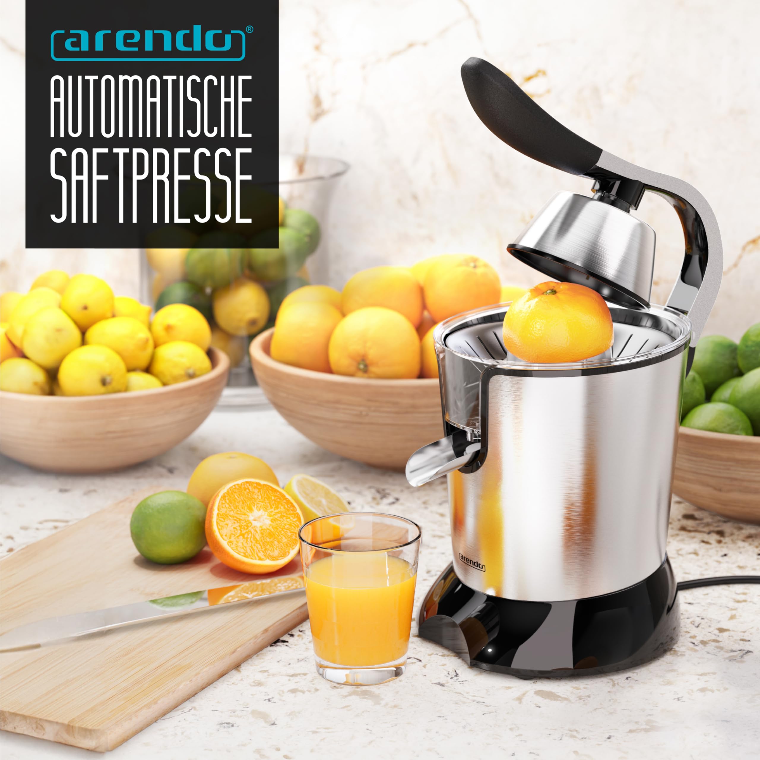 Arendo - elektrische Saftpresse 800 Watt - Edelstahl Zitruspresse Orangenpresse Entsafter - Hochleistungsmotor - sehr hohe Ergiebigkeit - Edelstahlkegel - BPA frei - Spülmaschinen-geeignet
