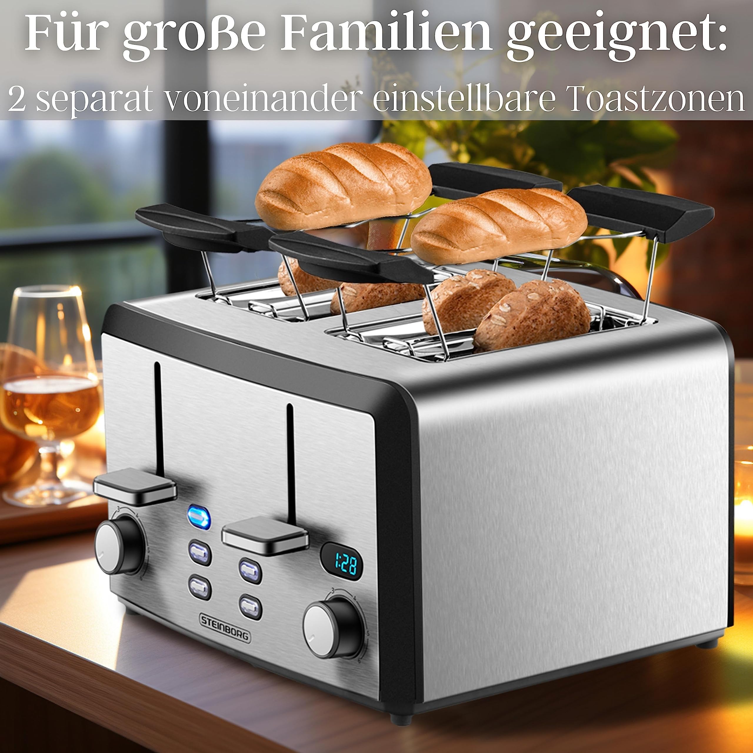 XXL Toaster 4 Toastschlitze | Toastautomat | 1600 Watt | 6-Stufen Bräuneregler | 2x Brötchenaufsatz | Auftau-Funktion | 2x Krümelschubladen | Edelstahl | 4-Fach | LED Displays