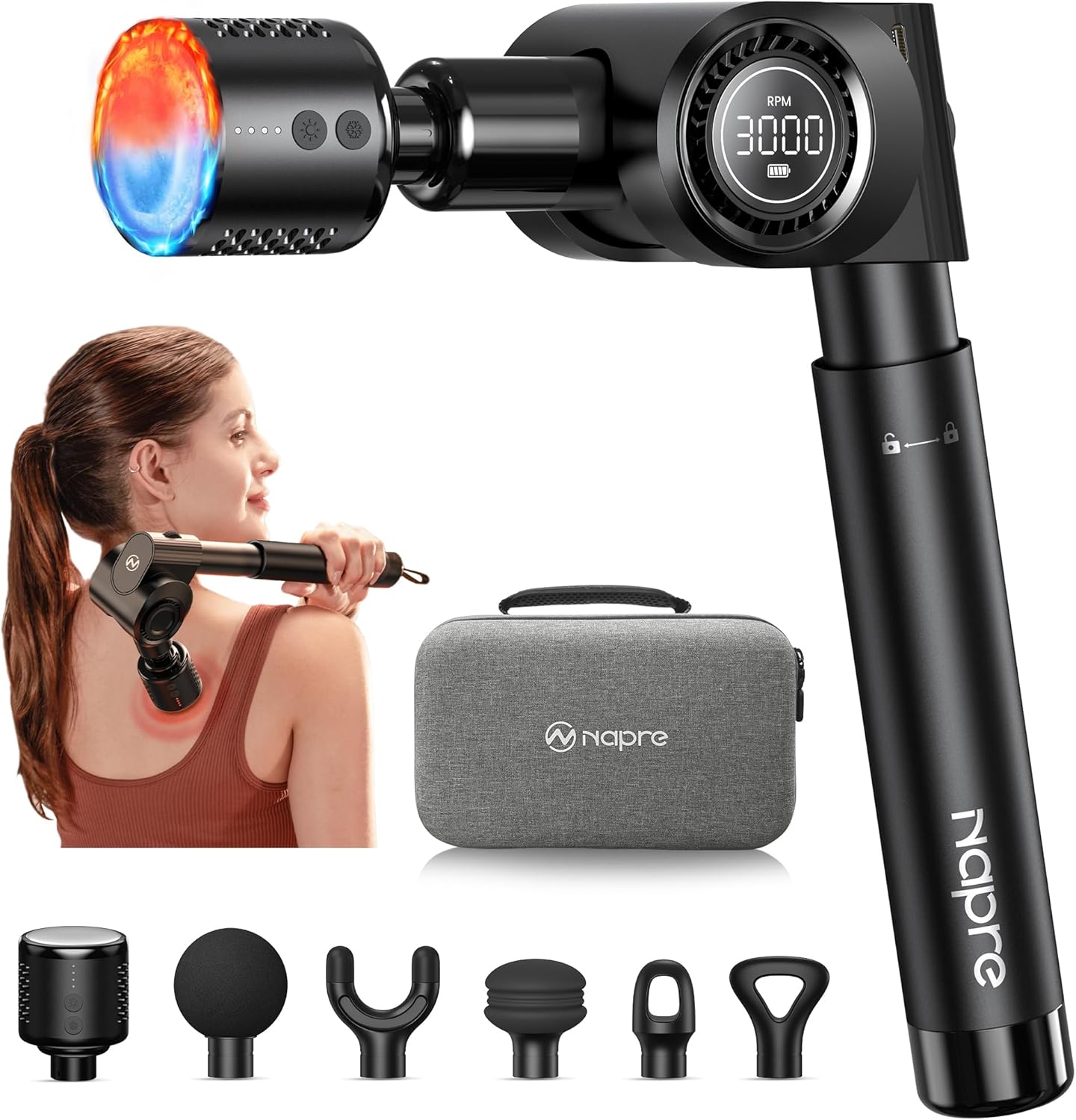 Massage Gun with Heat and Cold Head,Deep Tissue Percussion Back Massager for Muscle/Neck/Body Pain Relief with Long Extension Retractable Handle,32-Speeds,Foldable with 5 Adjustable Angles Massage Gun with Heat and Cold Head,Deep Tissue Percussion Back Massager for Muscle/Neck/Body Pain Relief with Long Extension Retractable Handle,32-Speeds,Foldable with 5 Adjustable Angles