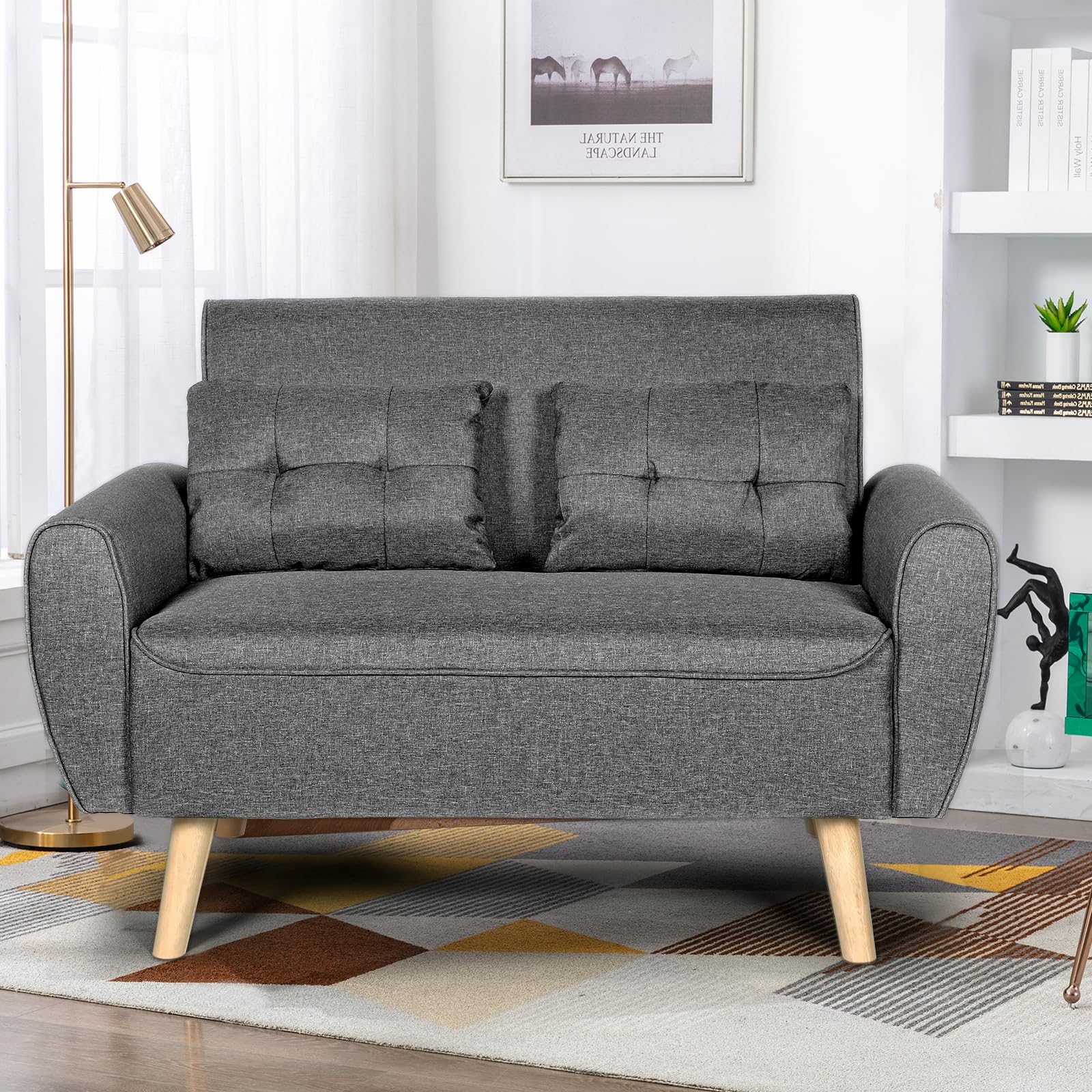 Oakmont 44" Small Modern Linen Fabric Loveseat Sofa, Comfortable and Stylish Love Seat with 2 Pillows and Thick Cushion, Durable Wood Leg Couch for Small Space, Living Room, Bedroom, Apartment (Grey)