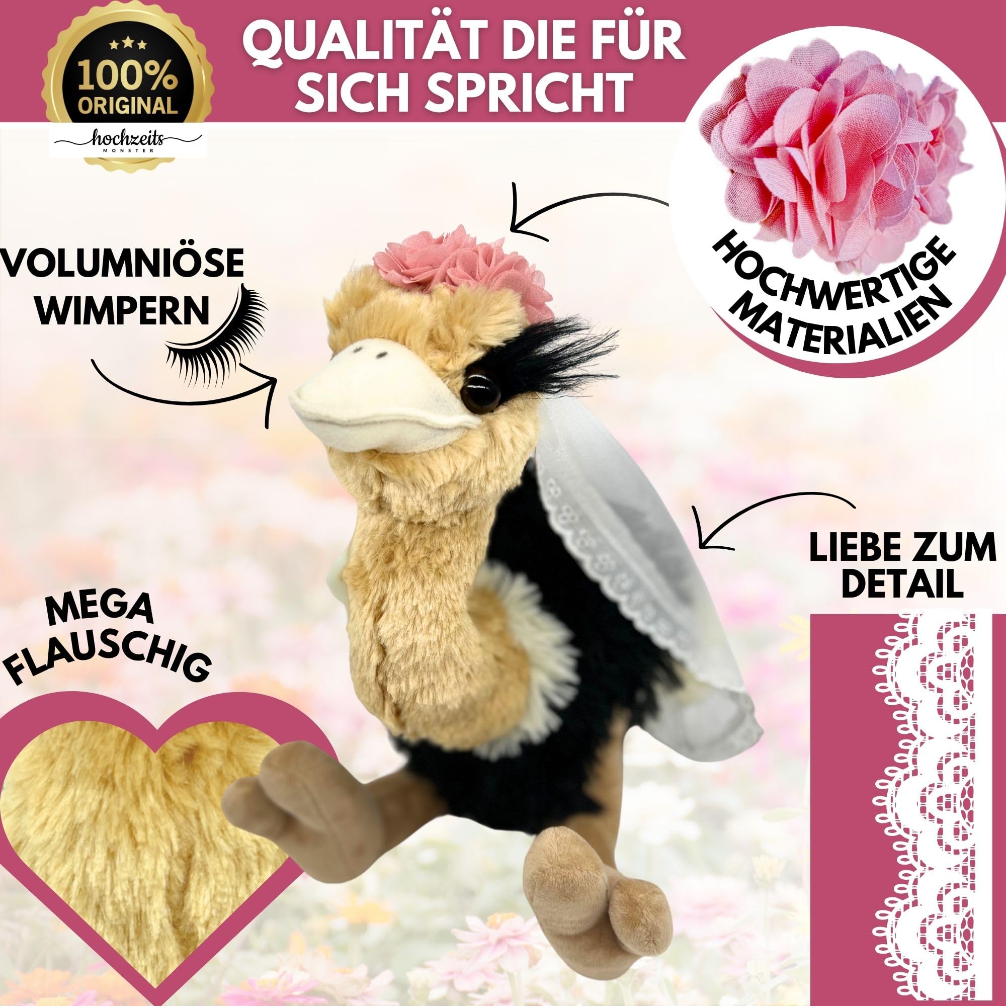 hM - Hochzeitspaar Premium 38cm – Wurfstrauß Plüschtier - Vogel Strauß Kuscheltiere - Wurfstrauss für die Hochzeit oder als Braut und Junggesellinnen Geschenk - JGA oder Hochzeitsgeschenk
