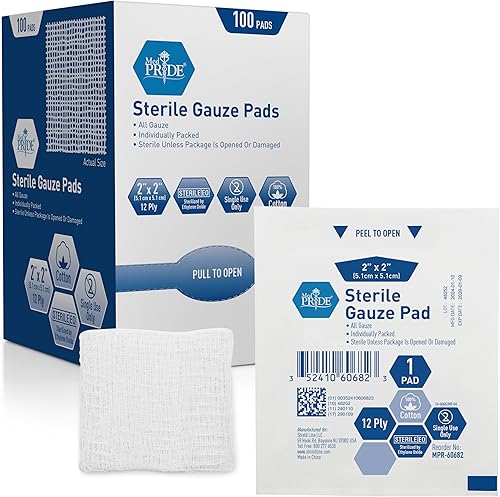 Medpride - Almohadillas de gasa estériles de 2 x 2 pulgadas para vendaje de heridas, paquete de 100, bolsas empaquetadas individualmente, algodón de