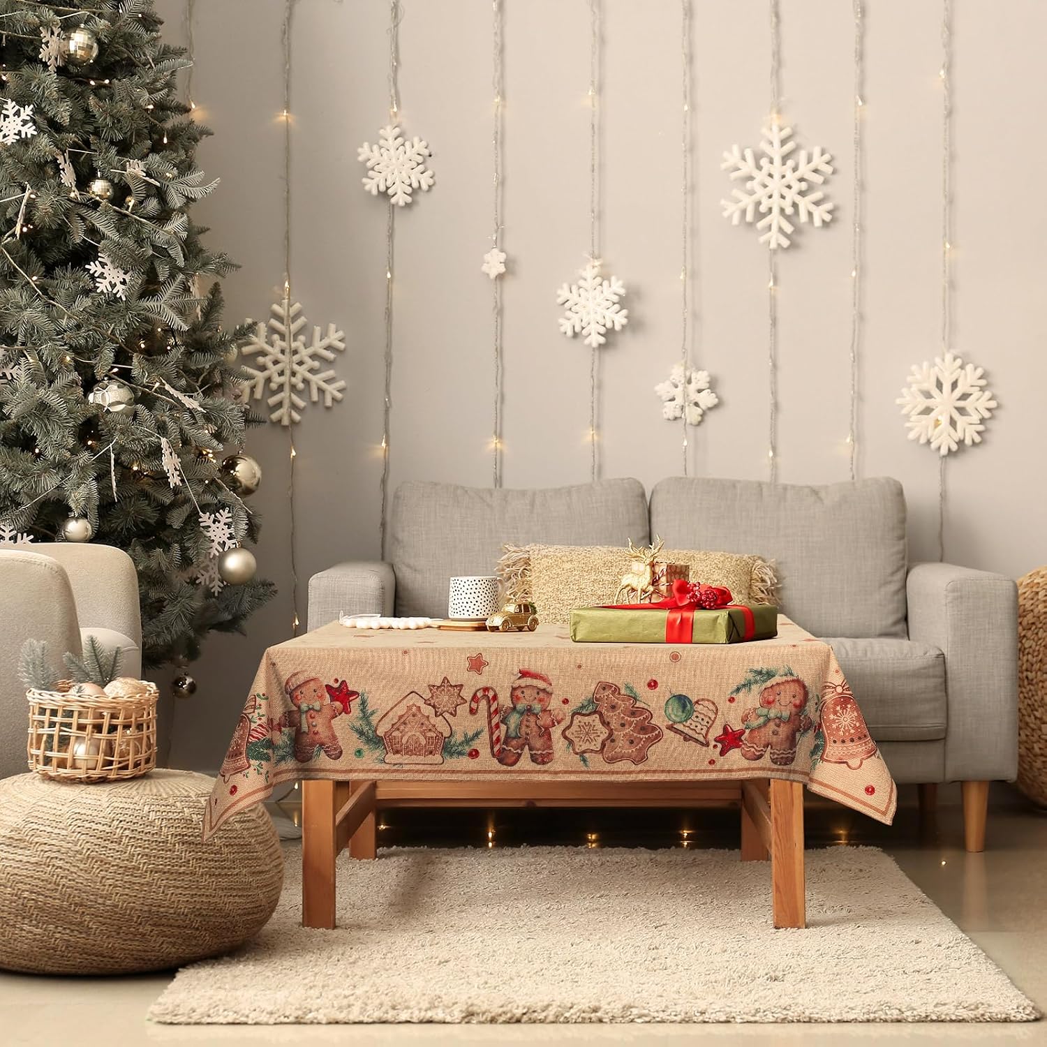 Ganeen Christmas Gingerbread Tablecloths 52 x 70 Inch Rectangular Christmas Burlap Tablecloth Vintage Gingerbread Fabric Table Cover Jute Burlap Tablecloth for Winter Dinner Parties