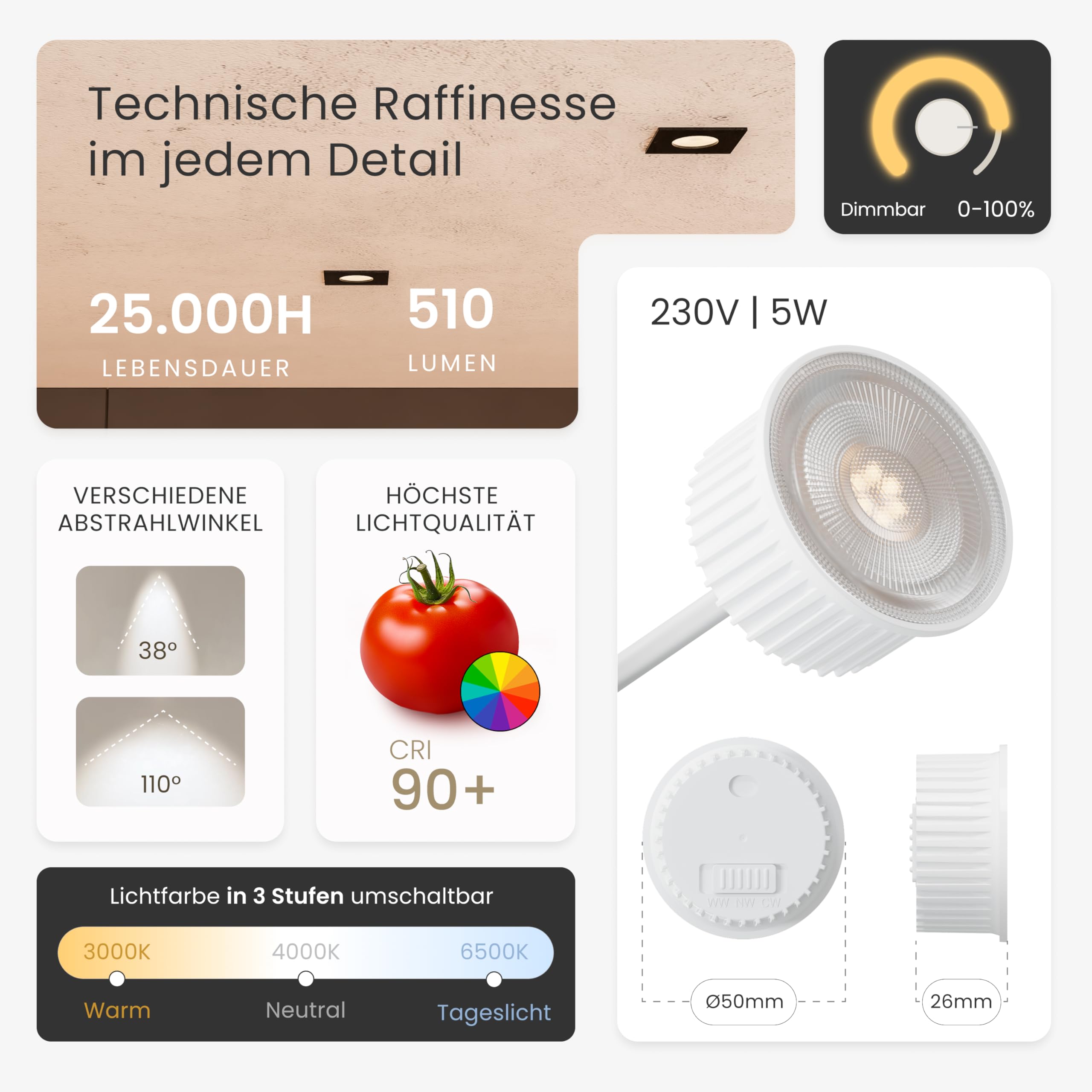 MATO 6x LED Einbaustrahler Eckig 230V Dimmbar 5W - Flache Spots 68mm Lochmaß - IP44 Einbauleuchten für das Bad - Deckenspots Badezimmer & Außen - Einbauspots Lichtfarbe umschaltbar, CRI 90+, 510lm