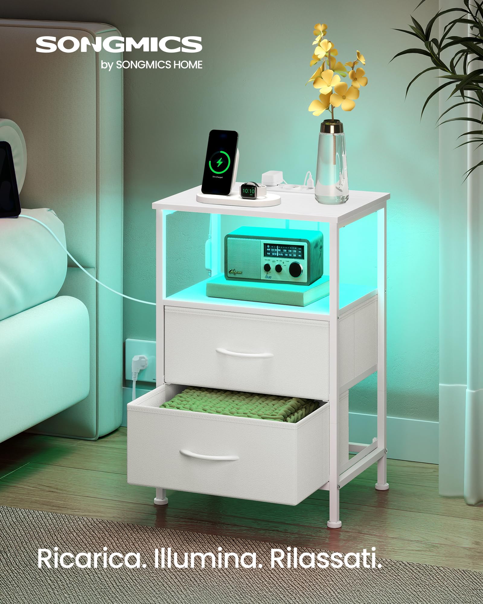 SONGMICS BELLAH Collezione - Comodino con Stazione di Ricarica, Tavolino con LED Regolabile Controllato da APP, 1 Ripiano Aperto e 2 Cassetti, Camera da Letto, Bianco Nuvola e Bianco Neve LGS302WH03
