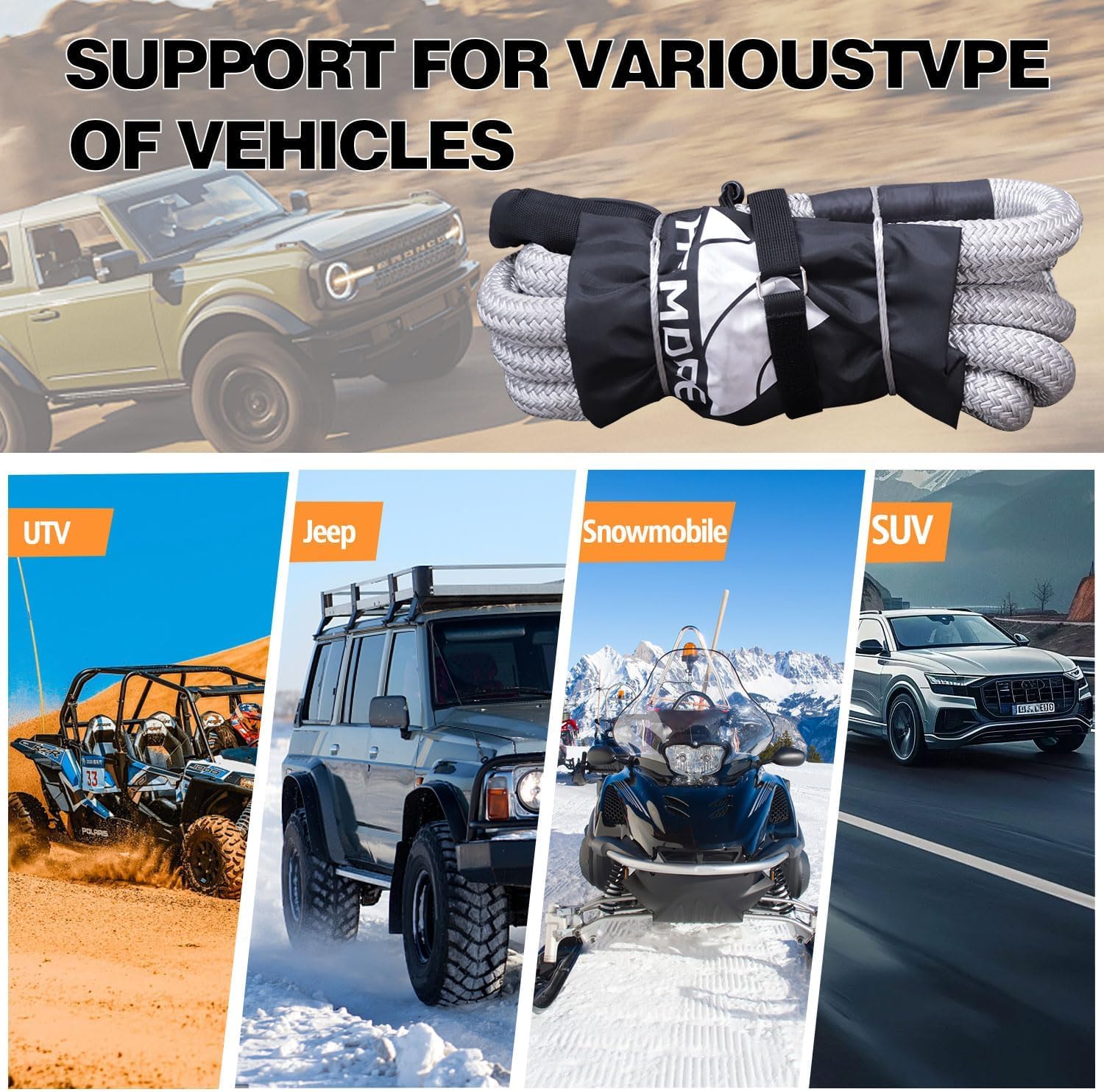 7/8'' x 20ft Heavy Duty Kinetic Recovery Rope, Breaking Strength 25,200 lbs, Stretchable Silver Nylon Tow Ropes for Trucks, SUV, Jeep & Off-Road Vehicle Recovery