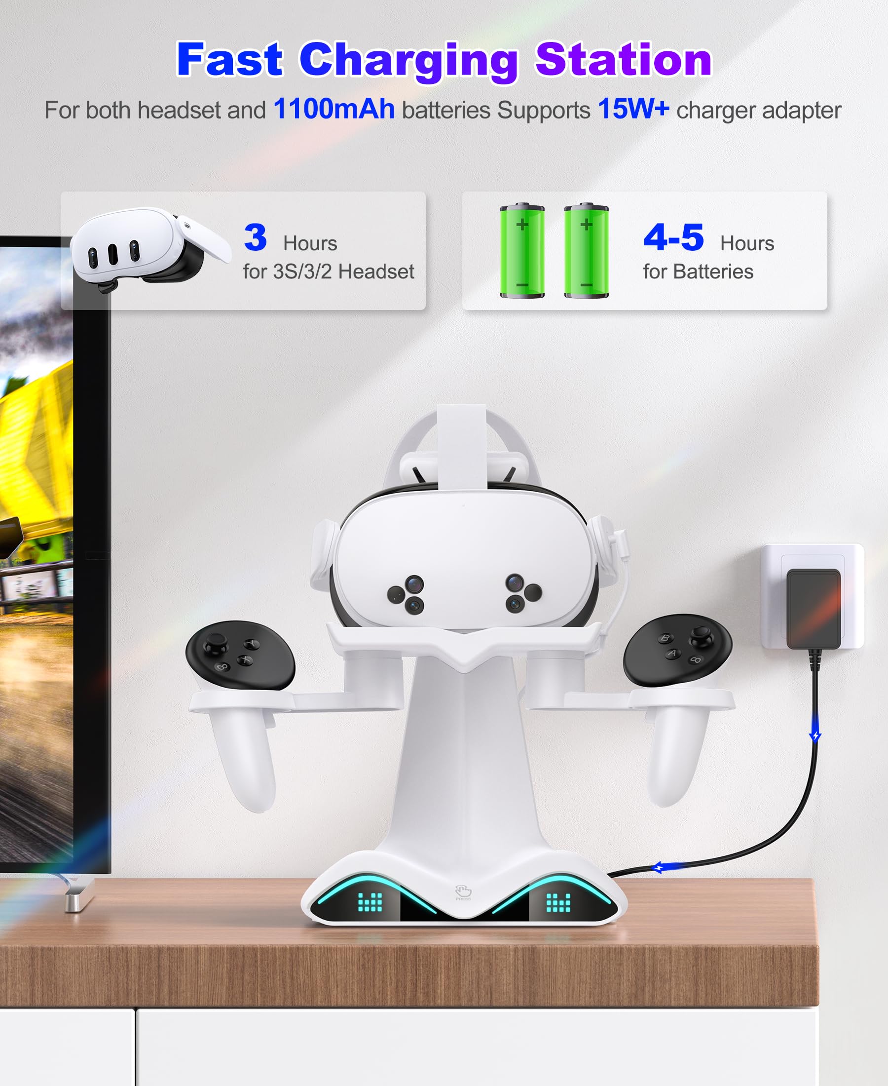 Kawaye Supporto di ricarica rapida per Quest 3, supporto verticale per cuffie VR e controller supporto di ricarica con luce RGB, accessori VR con 2 batterie ricaricabili