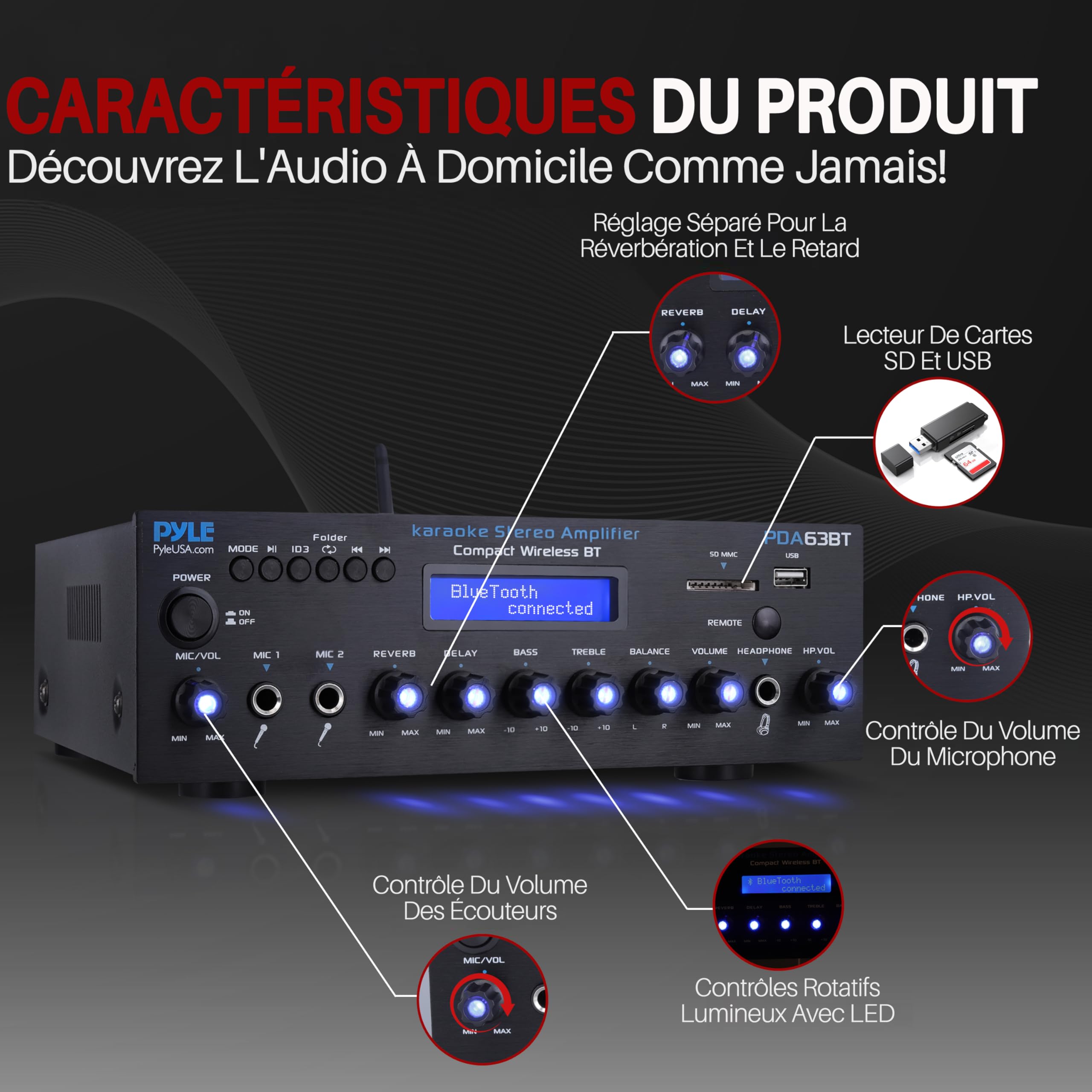 Pyle Amplificateur Bluetooth Stéréo sans Fil, Multi-Canaux, 200 Watts, Système Récepteur Audio pour la Maison avec Radio FM, Bluetooth, USB, SD, AUX, RCA, Entrée Microphone, Antenne et FM