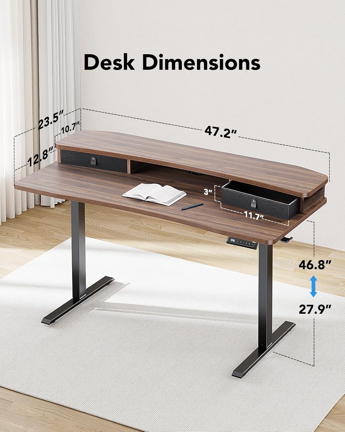 HUANUO 48″ x 24″ Electric Standing Desk with 2 Drawers, C-Clamp Mount Compatible, Height Adjustable Computer Desk, Home Office Stand Up Desk with 4 Preset Heights & 2 Hooks, Walnut - 3