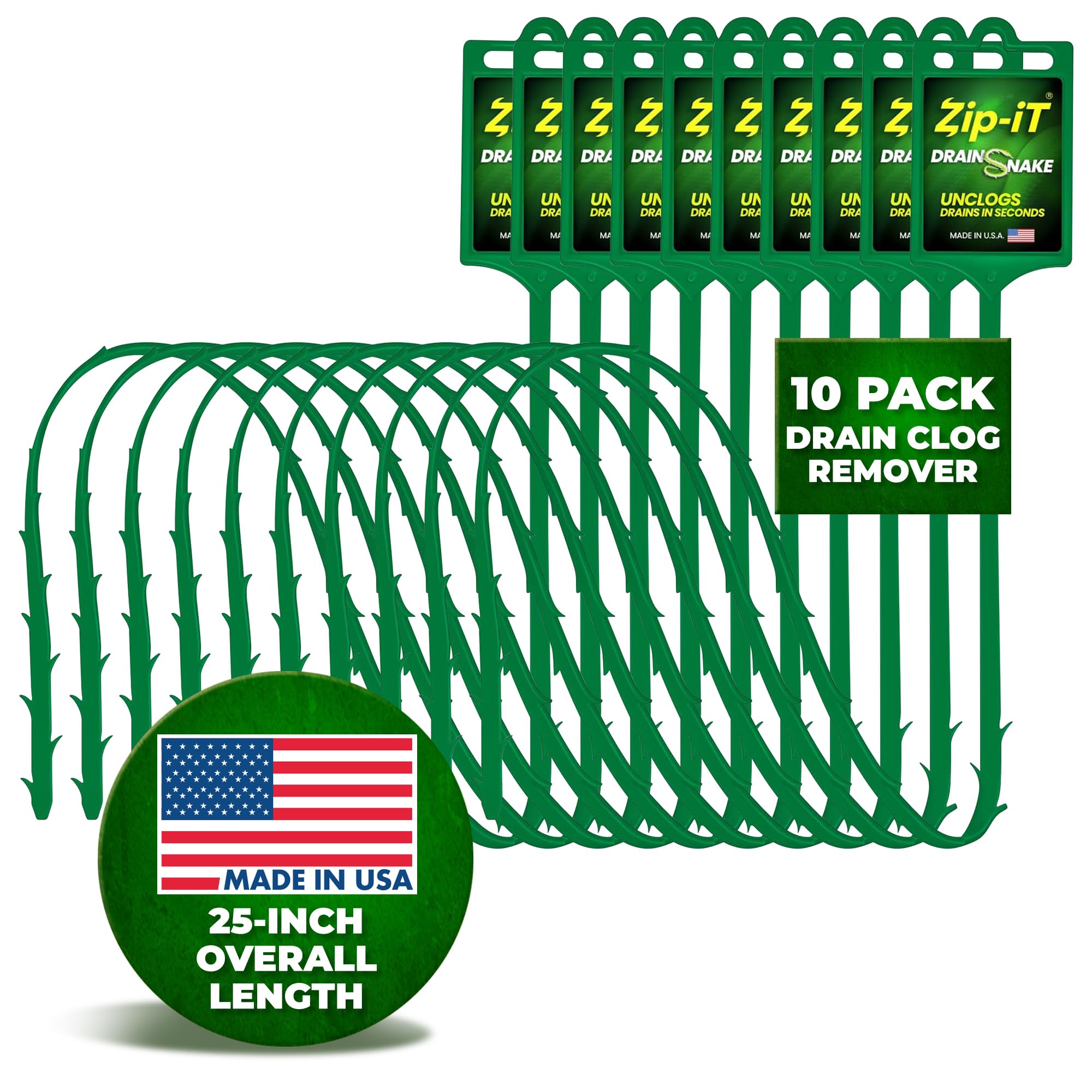 Zip-it Hair Drain Clog Remover, 25-inch Drain Unclogger Tool for Shower, Tub & Sink In Seconds - Reusable Snake Drain Hair Removal Tool, Flexible Drain Snake Non-toxic - Green (10-Pack)