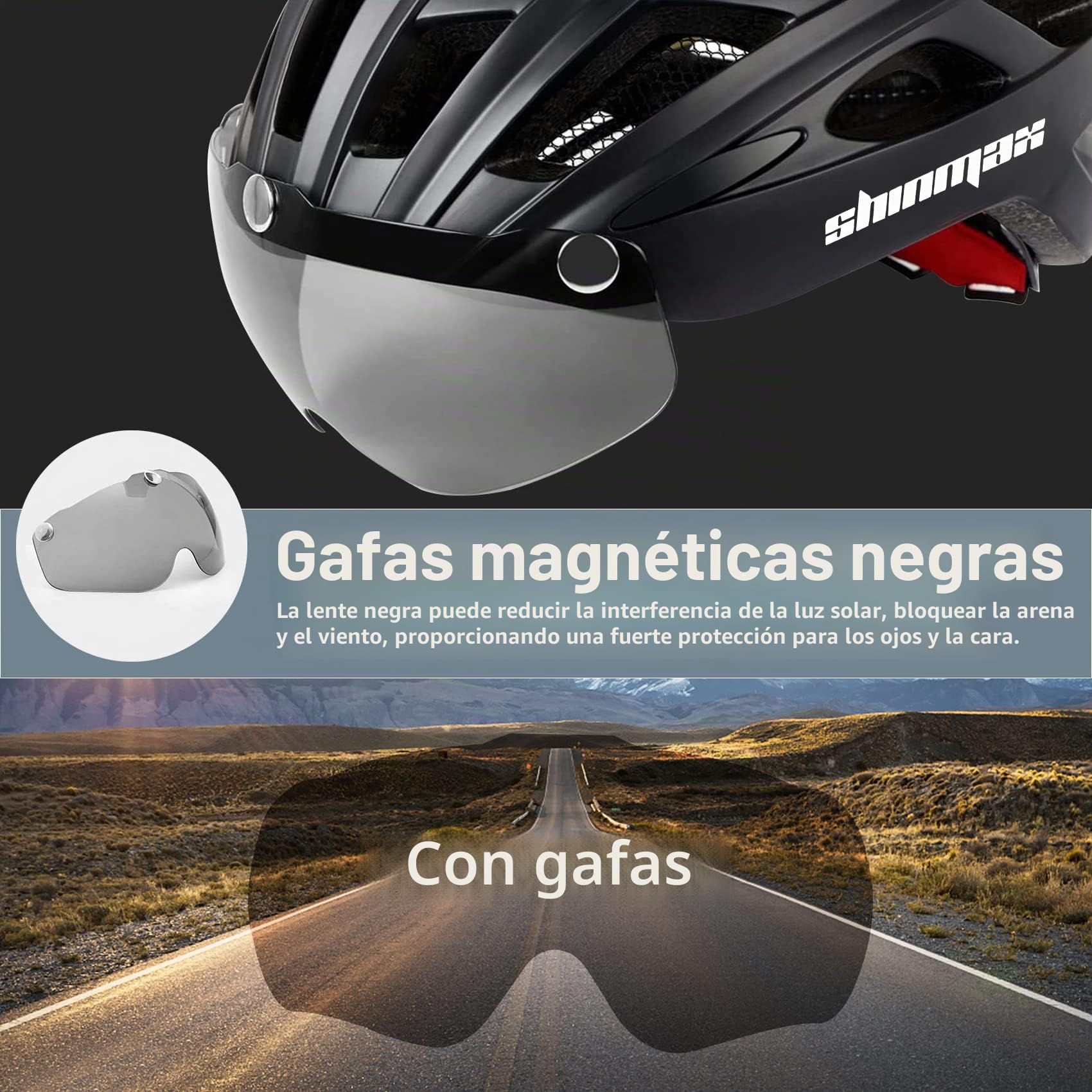 Shinmax Casco Bicicleta Adulto con Luz Casco MTB con Visera Magnética Desmontable Gafas Ajustable Seguridad de Protección para Montaña Casco Ciclismo Ultraligero Casco Bici Unisex Hombre Mujer NR-097