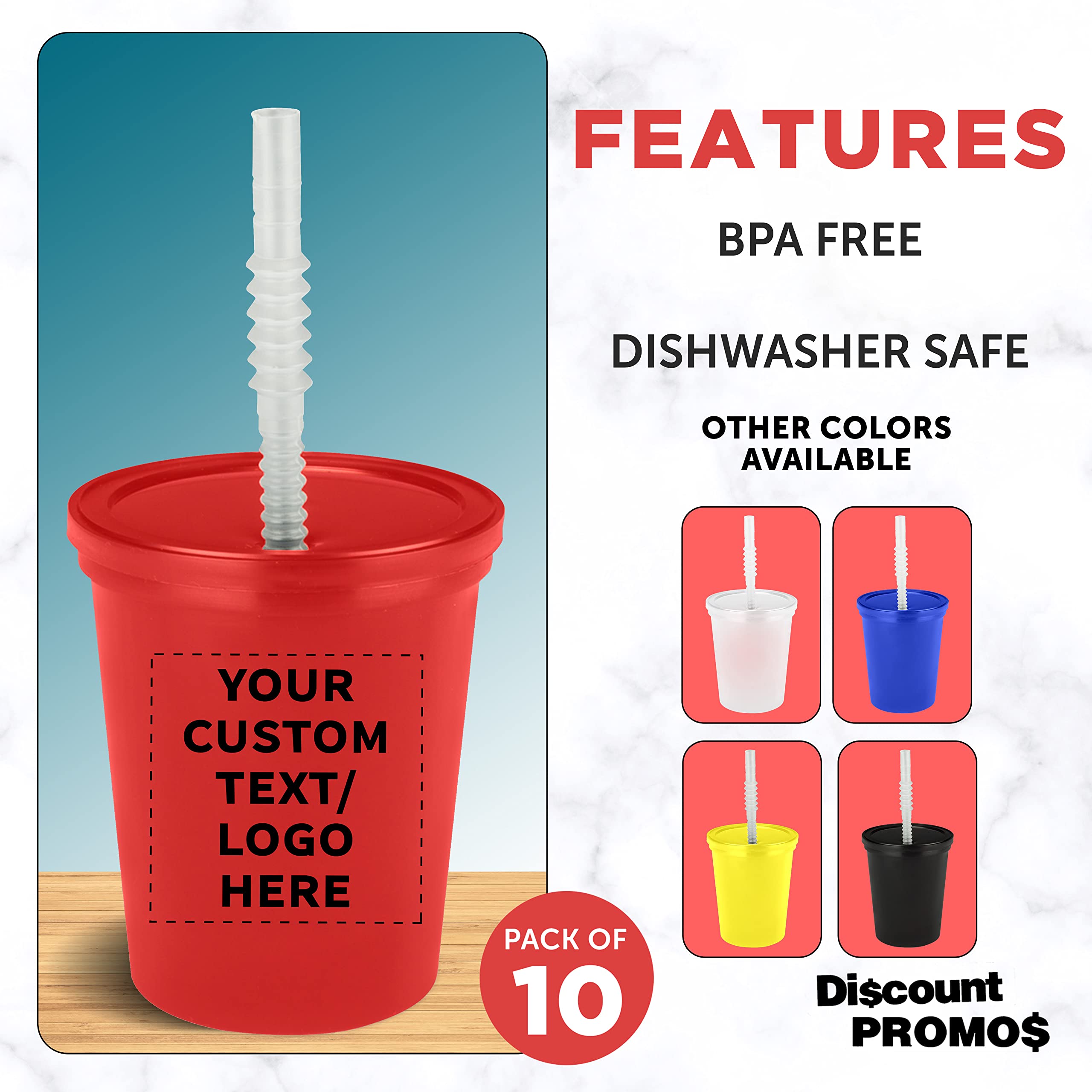 Custom Plastic Cups with Lid and Straw 16 oz. Set of 10, Personalized Bulk Pack - Perfect for Summer, Sporting Events, Birthdays, Weddings, Picnic, Beach, Parties - Red