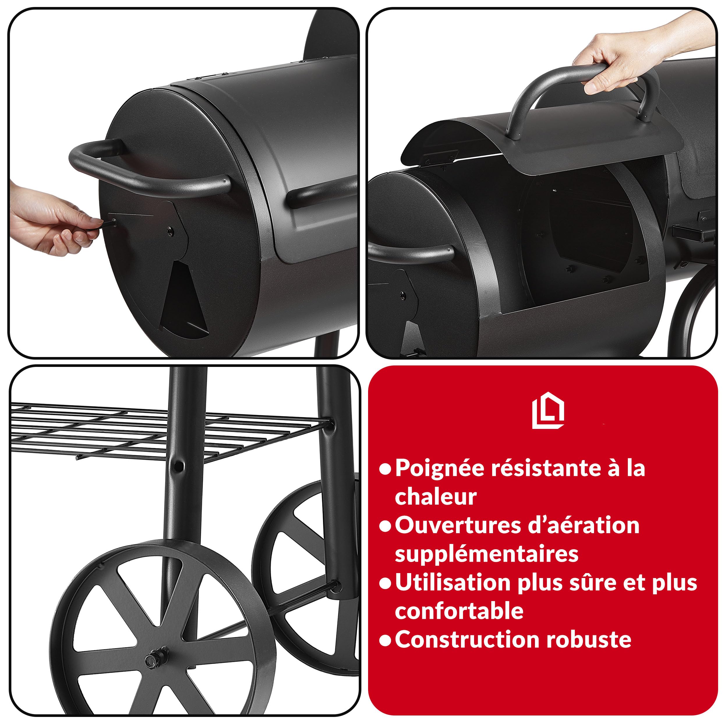 LEHMANN Barbecue Charbon de Bois et Fumoir 2 en 1, Grille XXL, Couvercle avec Thermomètre, Tablette Pliable, BBQ mobile 2 Roues