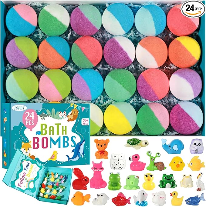 A box of 24 natural bath bombs for kids with surprise dinosaur toys inside.