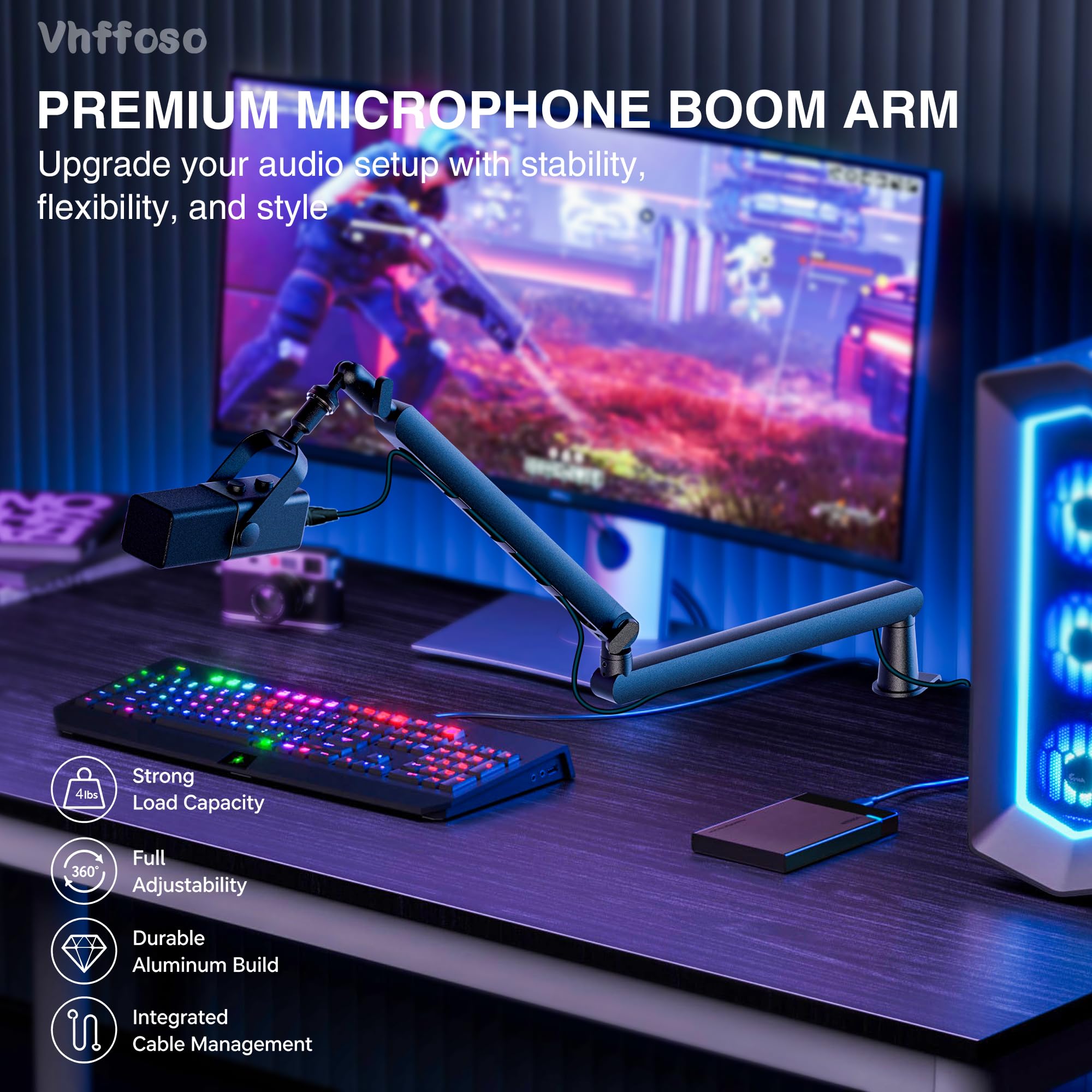 Braccio per microfono a basso profilo, completamente regolabile, per gaming, podcast e registrazione, nero