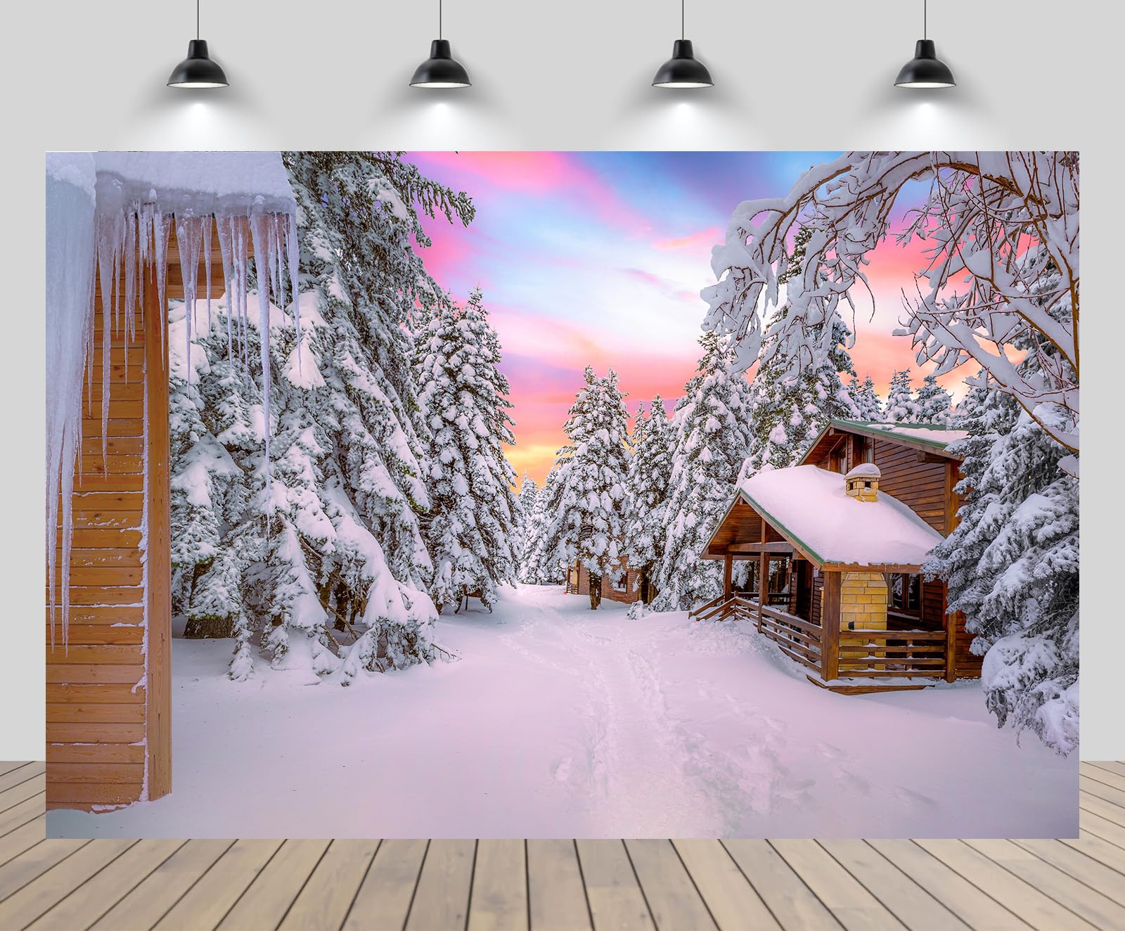 chnywork 7x5ft Winter Wooden House Backdrop Wooden Log Cabin Snow Mountain Resort Scenery Winter Wonderland Background Vacation Travel Party Decor