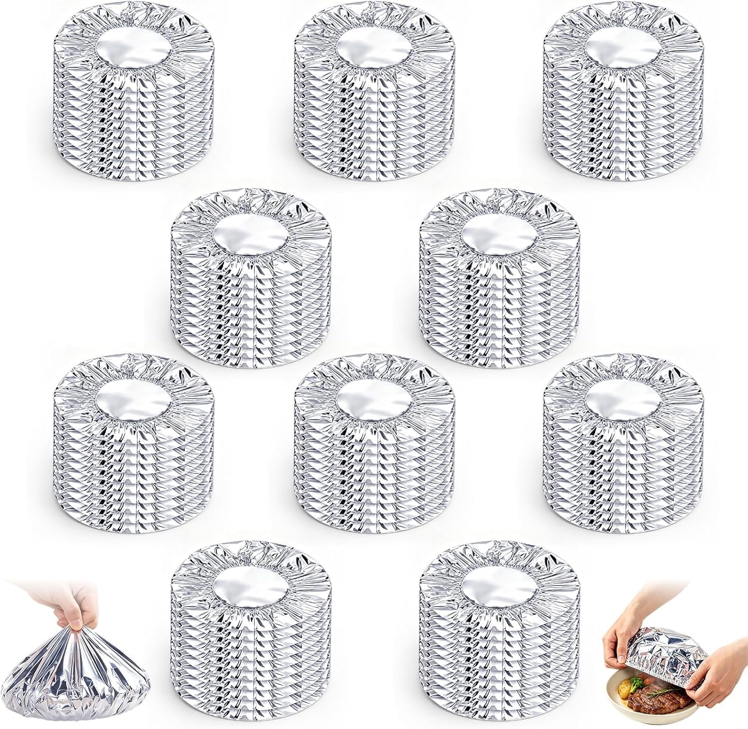 Photo 1 of 100Pcs Reusable Aluminum Foil Food Covers,2026 Upgraded Thickened Heat Retaining Covers,Elastic Stretch Food Storage Lids,Fresh Keeping Food Cover for Kitchen Meal Prep Picnic BBQ Leftovers