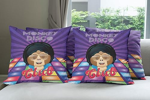 Miniatura 6 de Ambesonne Emoji - Juego de 4 fundas de almohada decorativas, diseño de mono disco retro, divertido personaje de simio con pelo afro loco, funda de