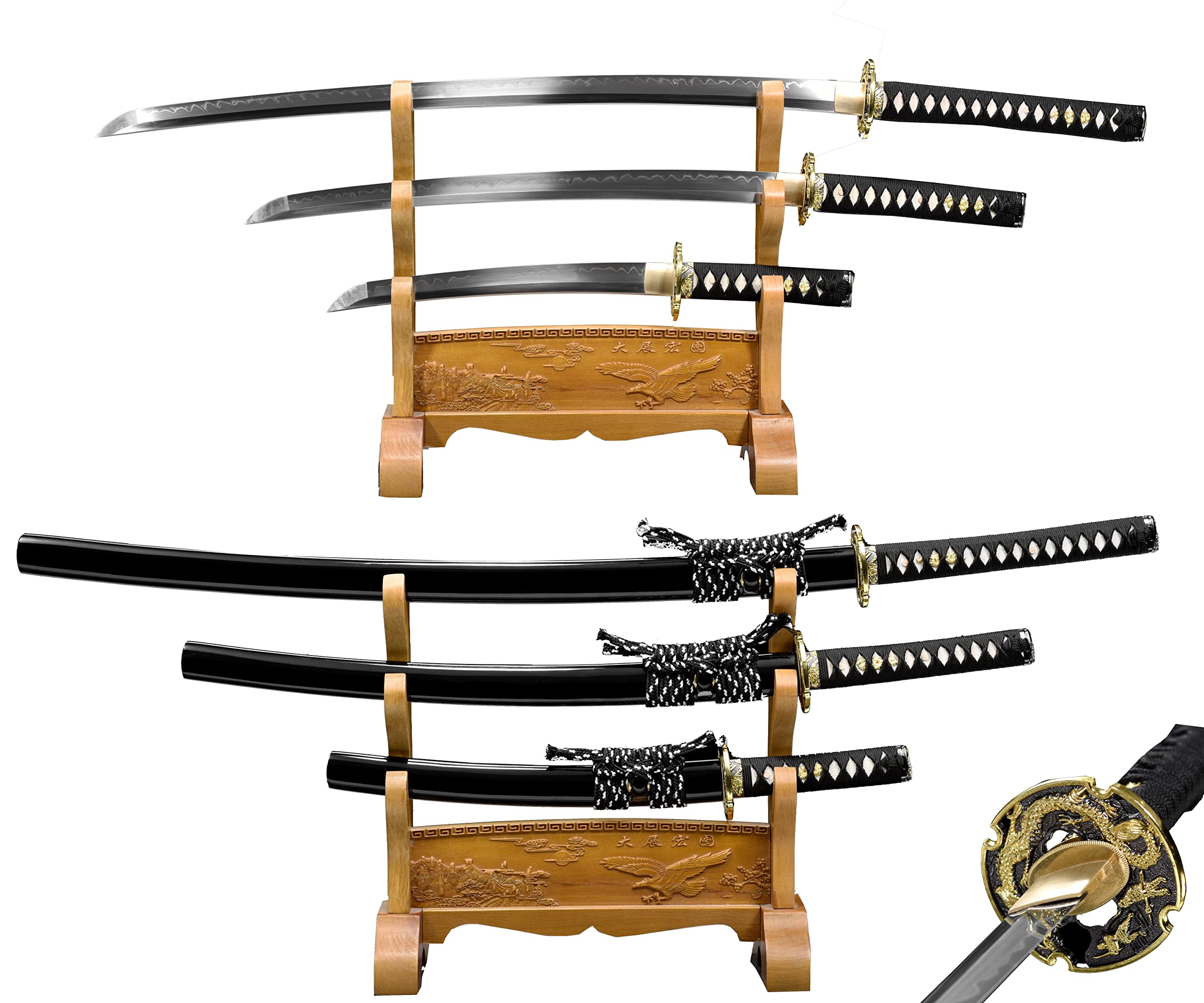 Lyuesword Hand Forged Japanese Clay Tempered Sword Set (Katana + Wakizashi + Tanto) 3 Piece Black Sword Dragon Tsuba Full Tang Very Sharp Blade