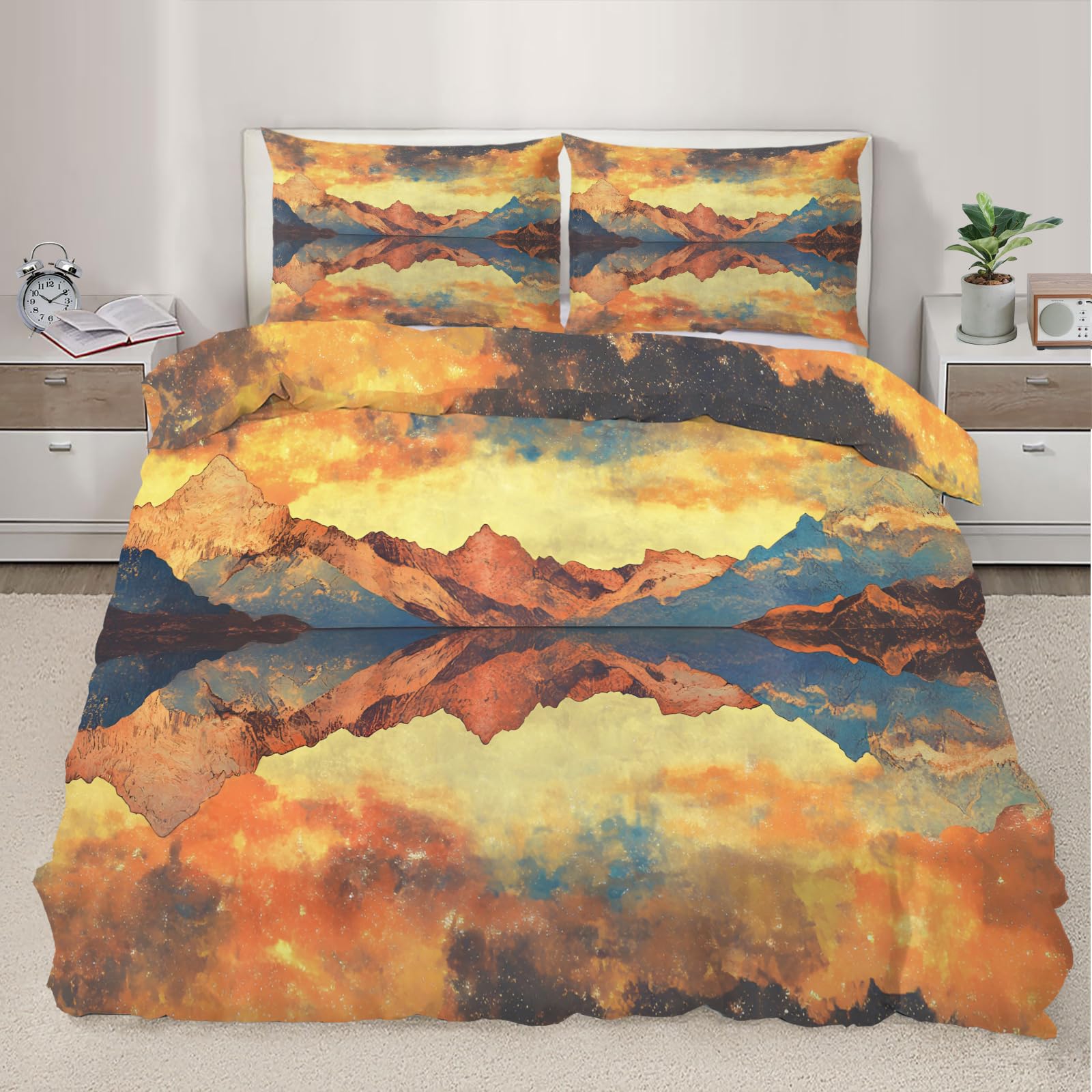 QDJKBL Abstract Mountain Duvet Cover Sunset Mountain Bedding Set Double Duvet Covers Lake Reflection Natural Landscape Comforter Cover With Zipper Ties for Bedroom