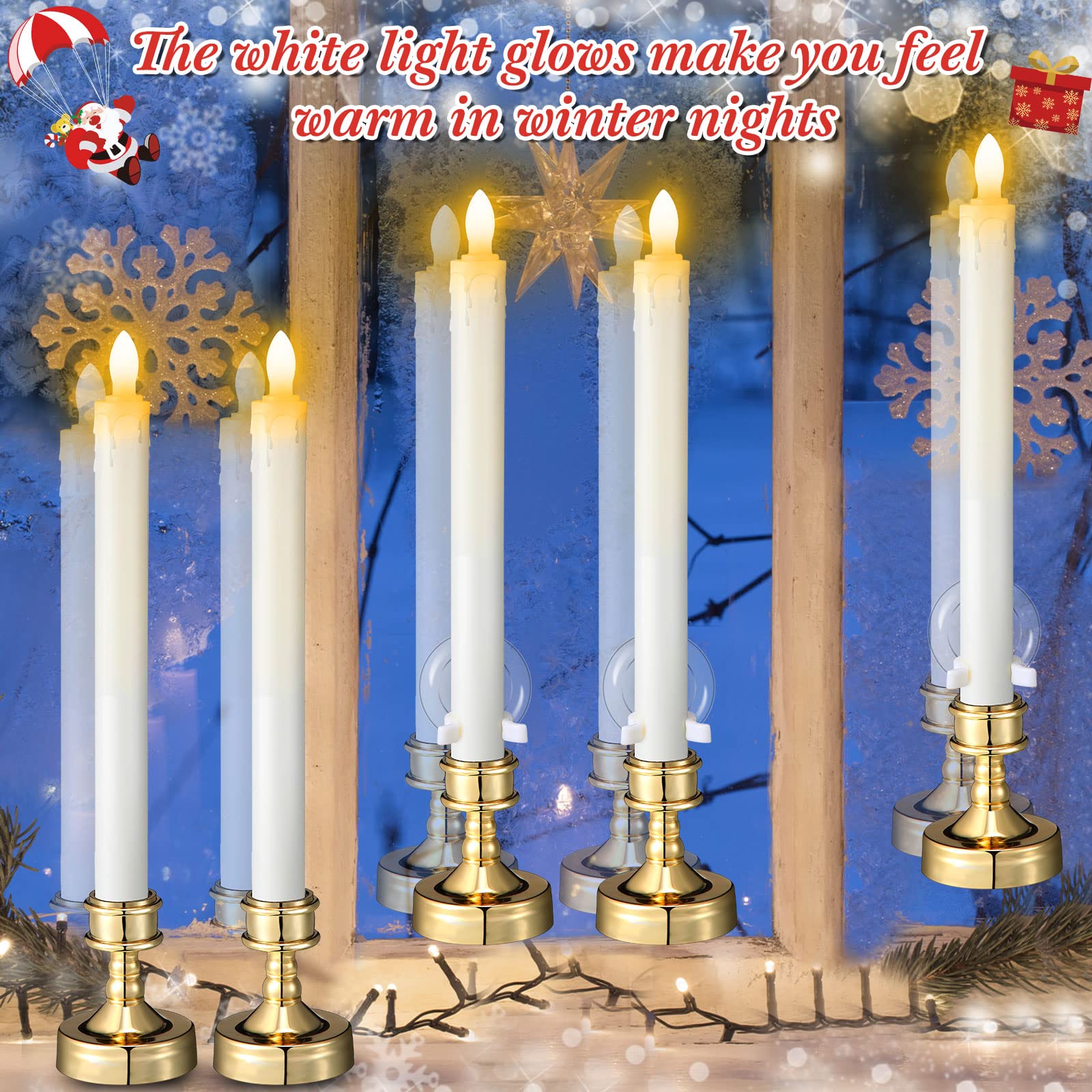 Zhengmy 16 Set Christmas Decoration Window Candles 11.42'' Battery Operated Flameless Candle Lights LED with Clip, Suction Cup, and Removable Gold Holder for Xmas Home Party Indoor Decor