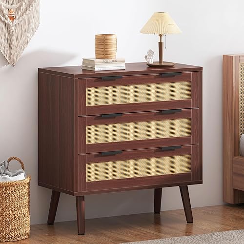 sogesfurniture Cómoda de 3 cajones, moderna cómoda de ratán con cajones anchos y asas de metal, cómoda de almacenamiento de granja para dormitorio,