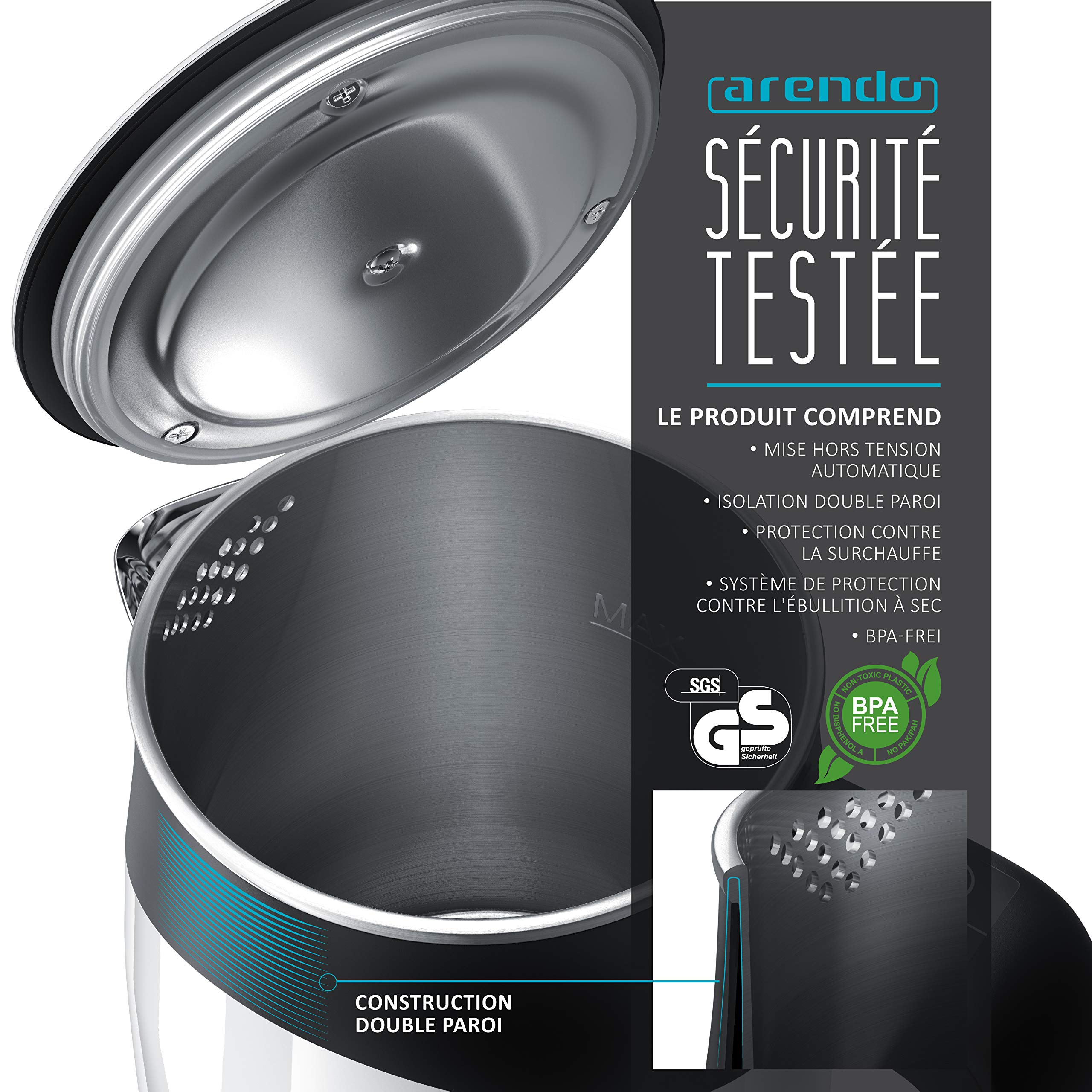 Arendo - Bouilloire de voyage - Capacité 0,5 litre - 5 températures - Double paroi - Très maniable et compacte - Fonction maintien de la température - Panneau de commande à deux touches