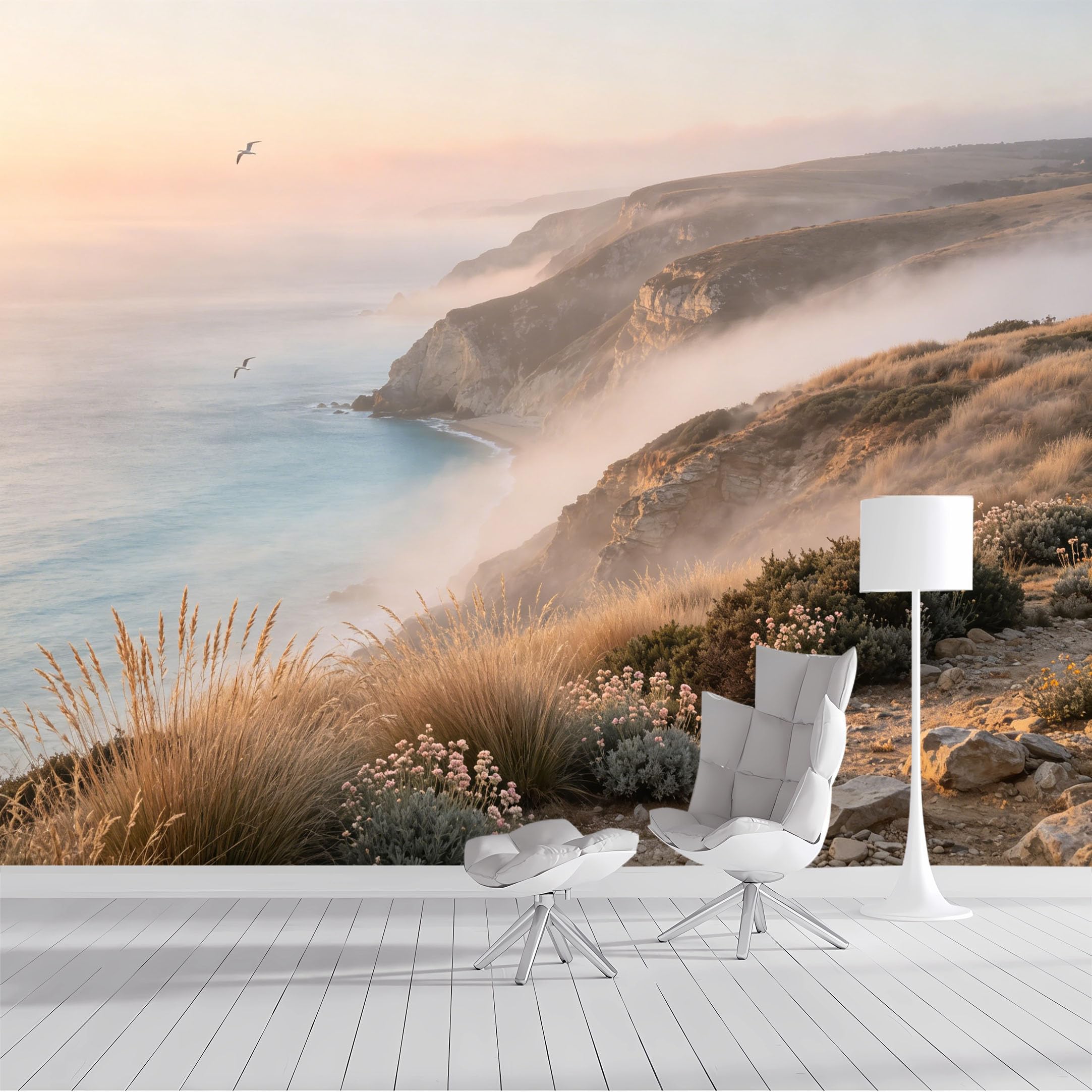 Custom Size Wall Mural Misty Coastal Cliffs Ocean Seascape Foggy Landscape Watercolor SelfAdhesive Wall Fabric Removable Peel and Stick Wallpaper Wall Decor for Living Room Bedroom Bathroom