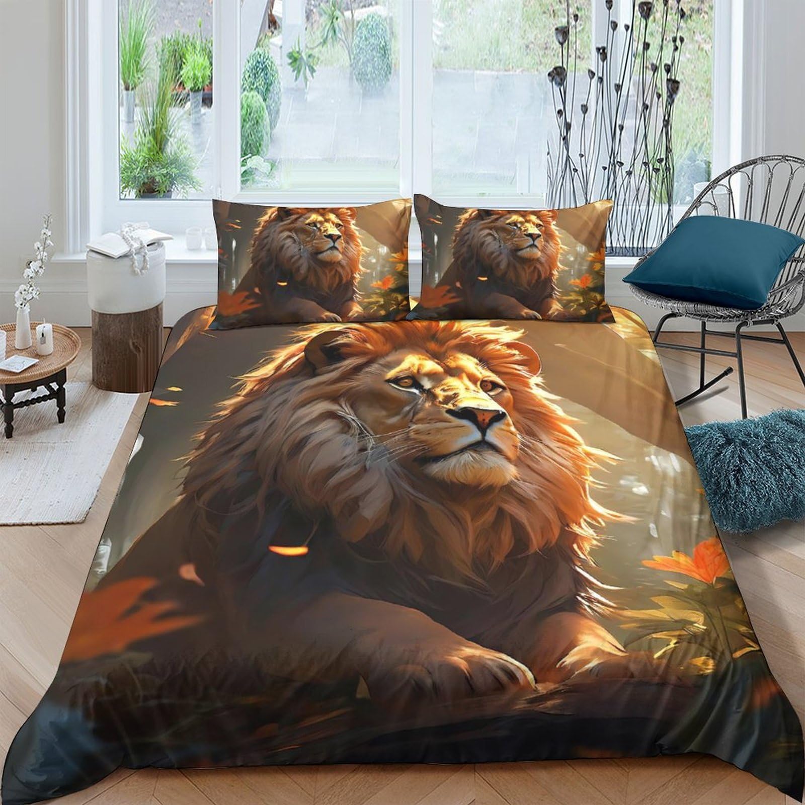 Ctjqhvkz Style-8 3D Printed Majestic Lion Fitted Sheet Microfiber Soft Autumn Forest Bed Sheet Non-Slip For Bedroom Guestroom Decor Single（135X200cm）
