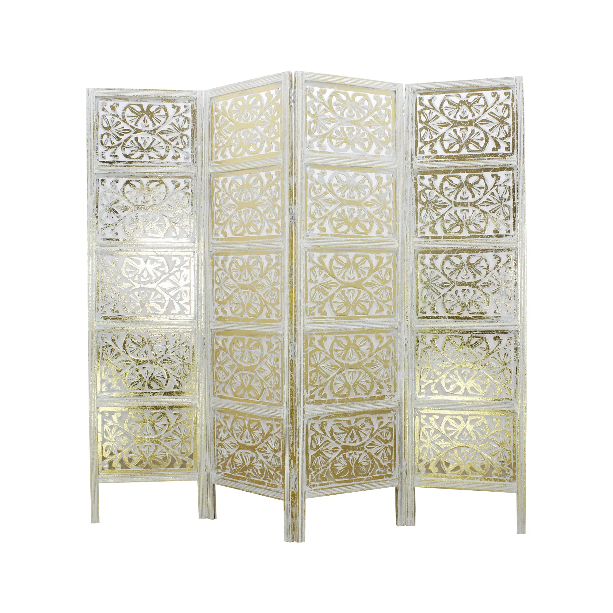 Room Divider Wood Screen - Rania Antique Gold - 4 Panel Folding 72 x 80 - Intricate Hand Carved Decorative Functional Versatile Portable Partition Reversible Freestanding Privacy Boho - COTTON CRAFT