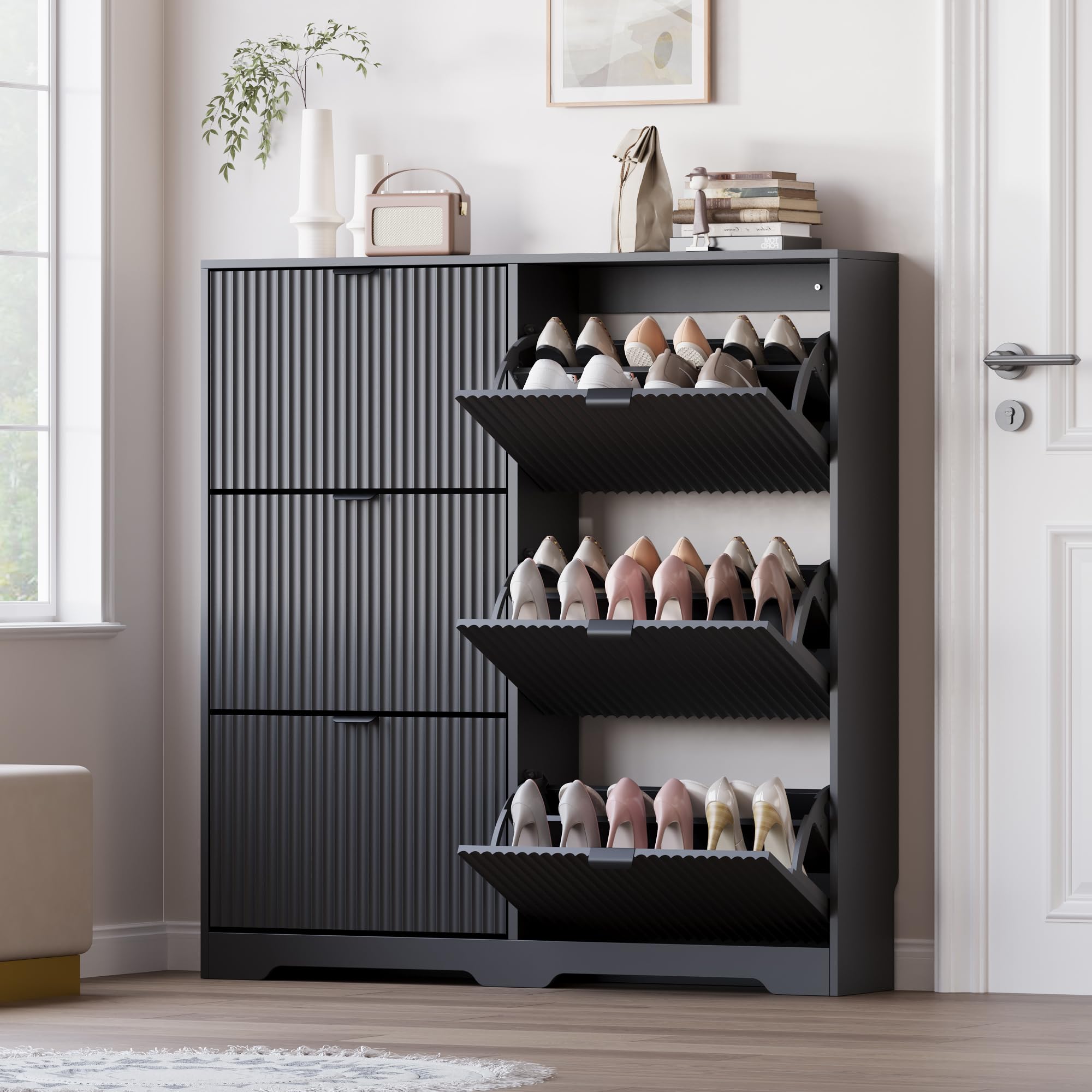 BORNOON Large Shoe Cabinet for Entryway, Tall Narrow Shoe Storage Cabinet with 6 Flip Drawers and Adjustable Shelves, Shoe Rack Cabinet Organizer for Hallway, Foyer, Small Apartment