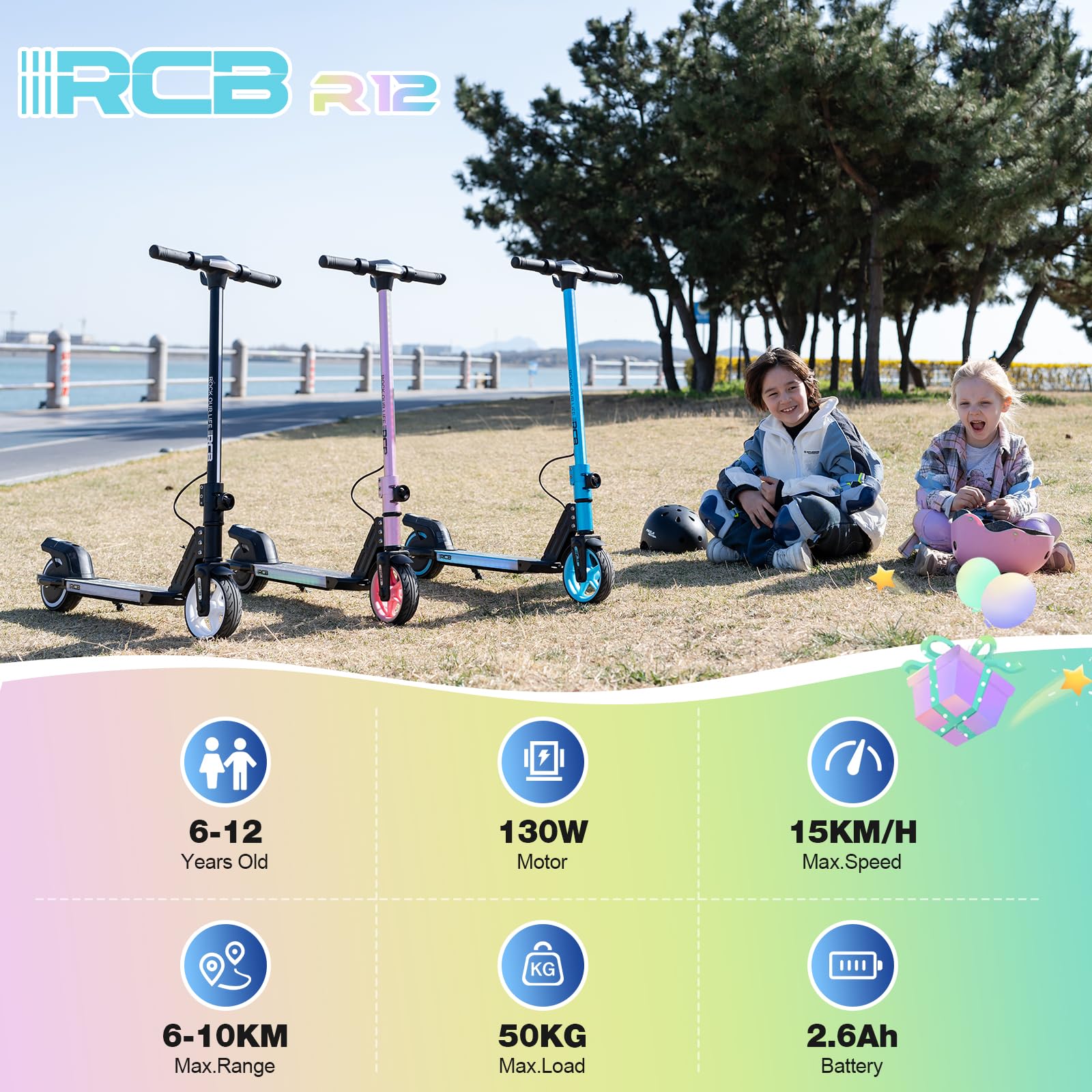 RCB R12 Monopattino Elettrico per Bambini 6-12 Anni, Max 15Km/h & 10 km, Luce LED Arcobaleno, 6,5" Pieghevole E-Scooter,Display a LED, Velocità Regolabili, Regalo per Bambini