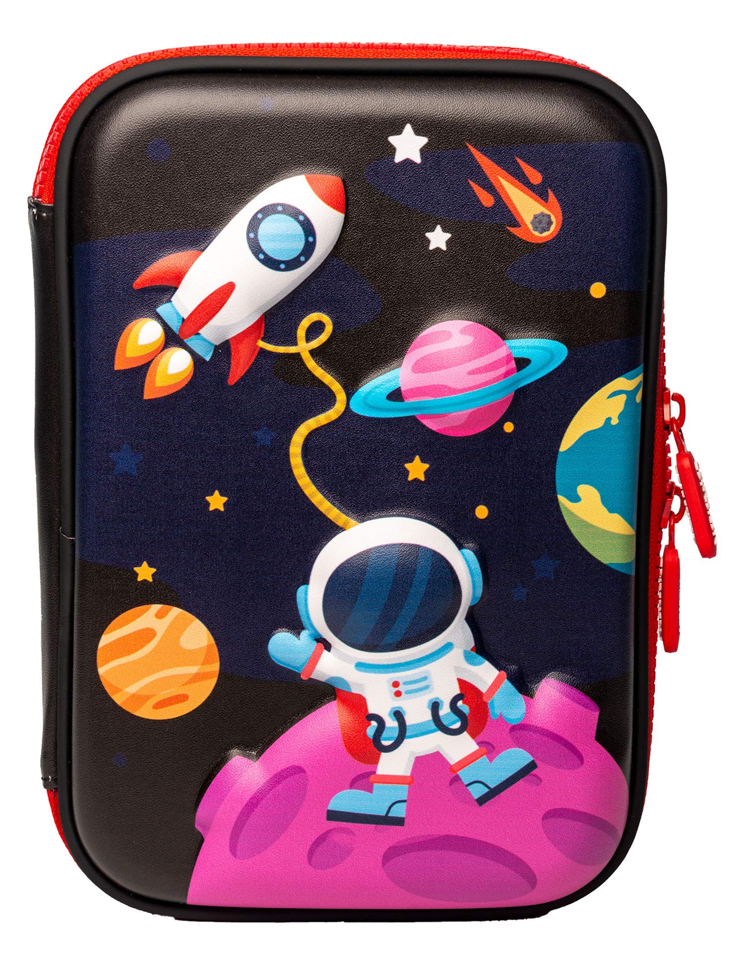 Ofsign Polyurethane Zipper Pencil Case | Big Pencil Box For Boys And Girls With Mesh Pocket, Aesthetic Pencil Pouch Ideal For Kids, Student, Stationery Items Organizer (Space Black)