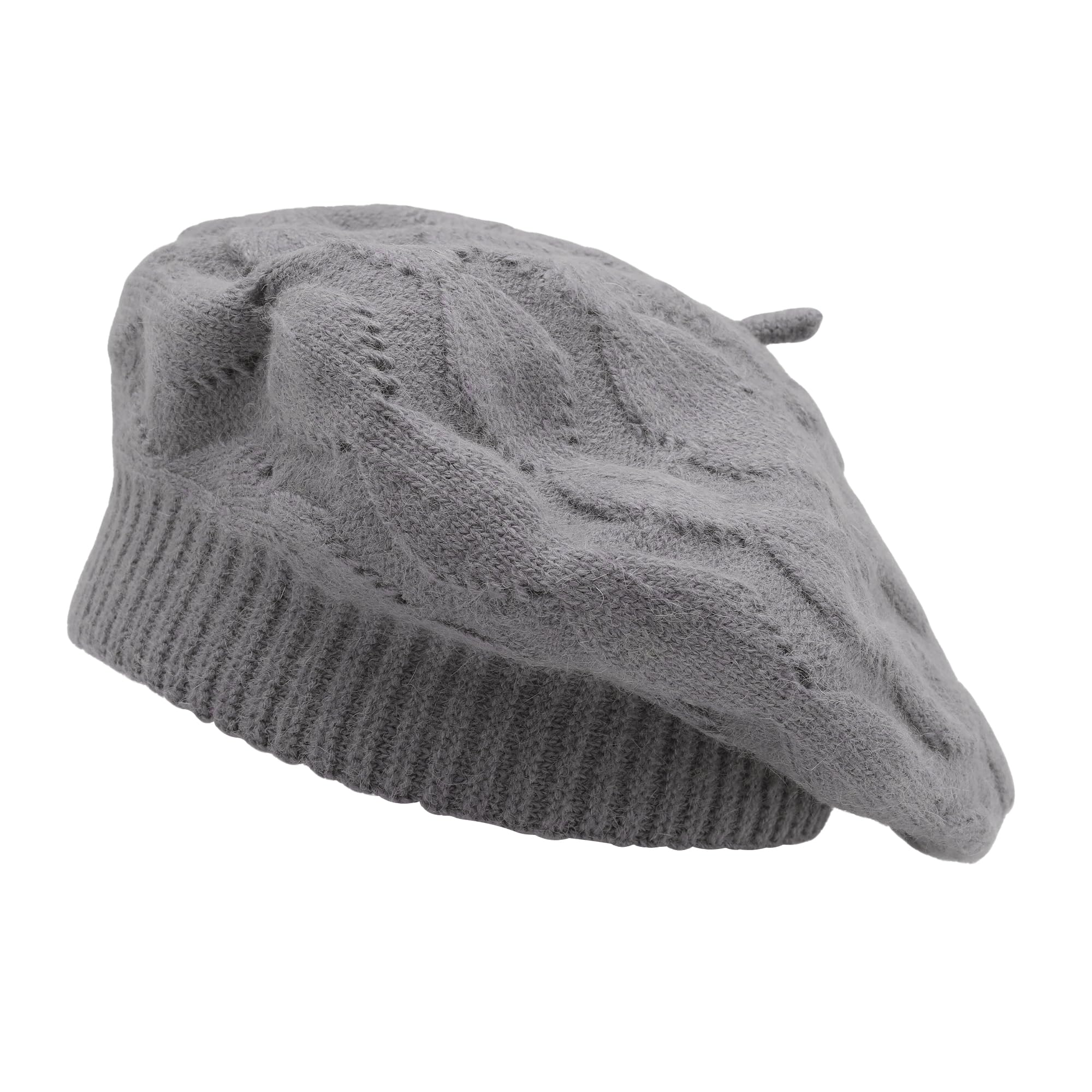 ZLYC French Beret Hat Reversible Solid Color Cashmere Warm Hat for Women Girls(Cable Pattern Gray),One Size