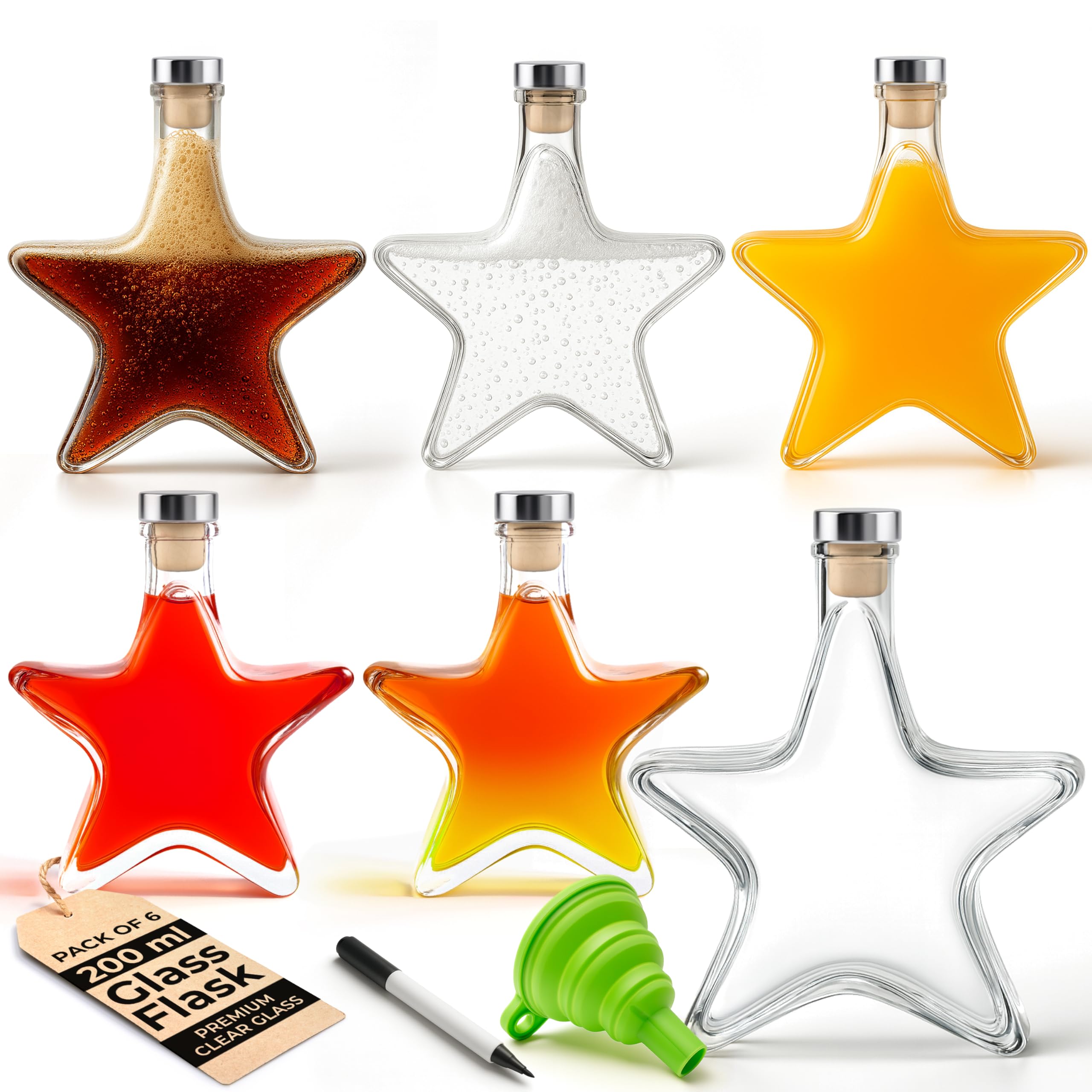 SEASONAL STREET Star Shaped Glass Flask Bottles 200ml - 6 Pack Glass Bottles with Cork Lid, Labels, Pen and Funnel - Reusable for Gin, Home Brews or Homemade Vinegar