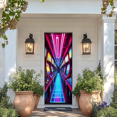 Miniatura 4 de Calcomanías para puerta, murales 3D, neón, retro, arcade, 80, máquinas de arcade, luces de neón, diseño retro, murales, papel tapiz autoadhesivo